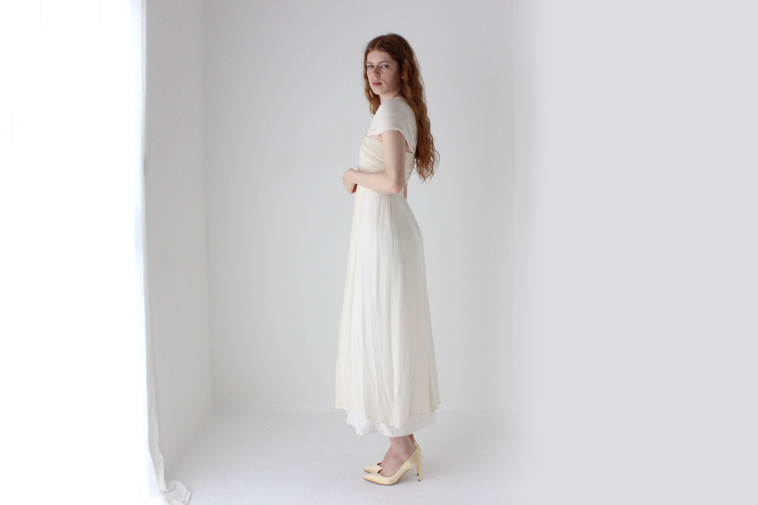 1990s Lisa Ho Wrapped Silk Georgette Ivory Wedding Gown