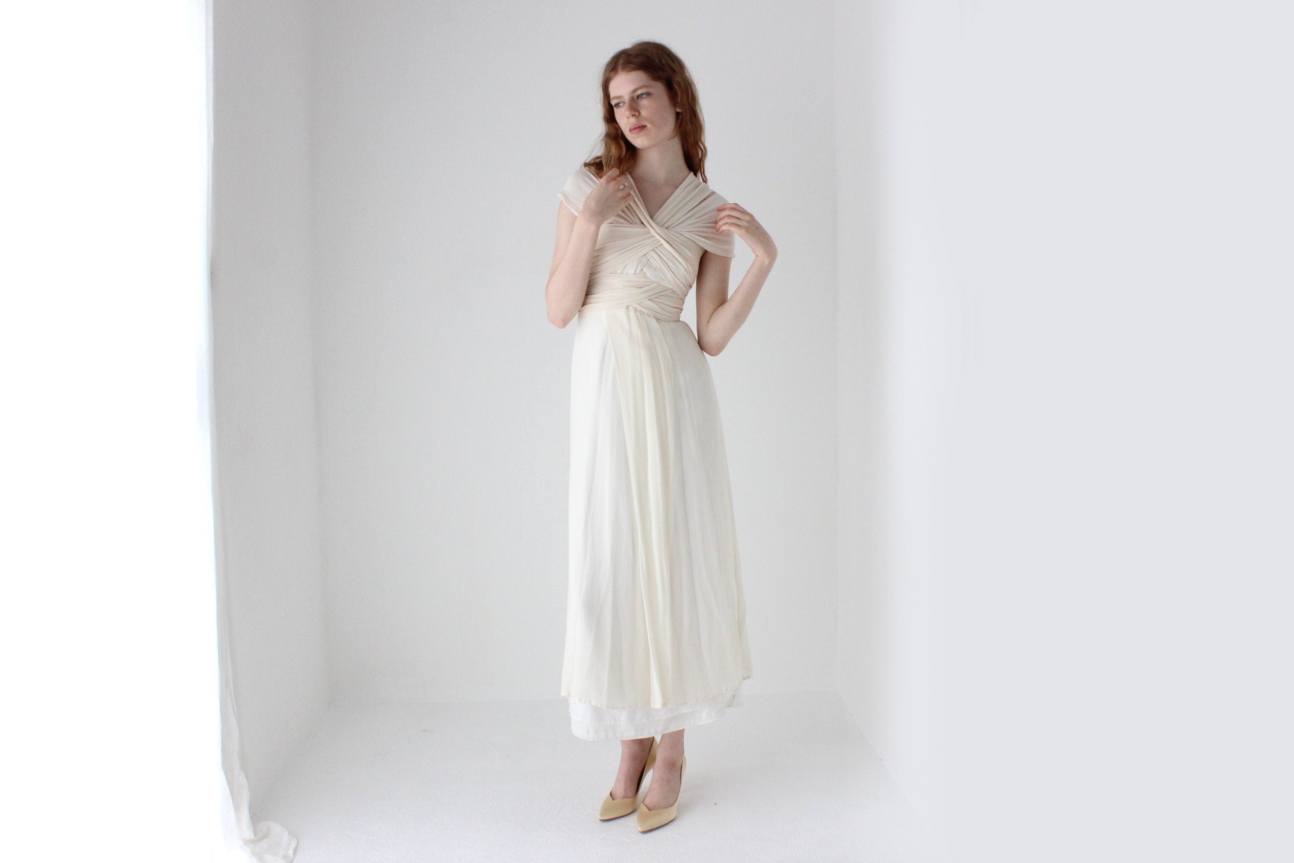 1990s Lisa Ho Wrapped Silk Georgette Ivory Wedding Gown