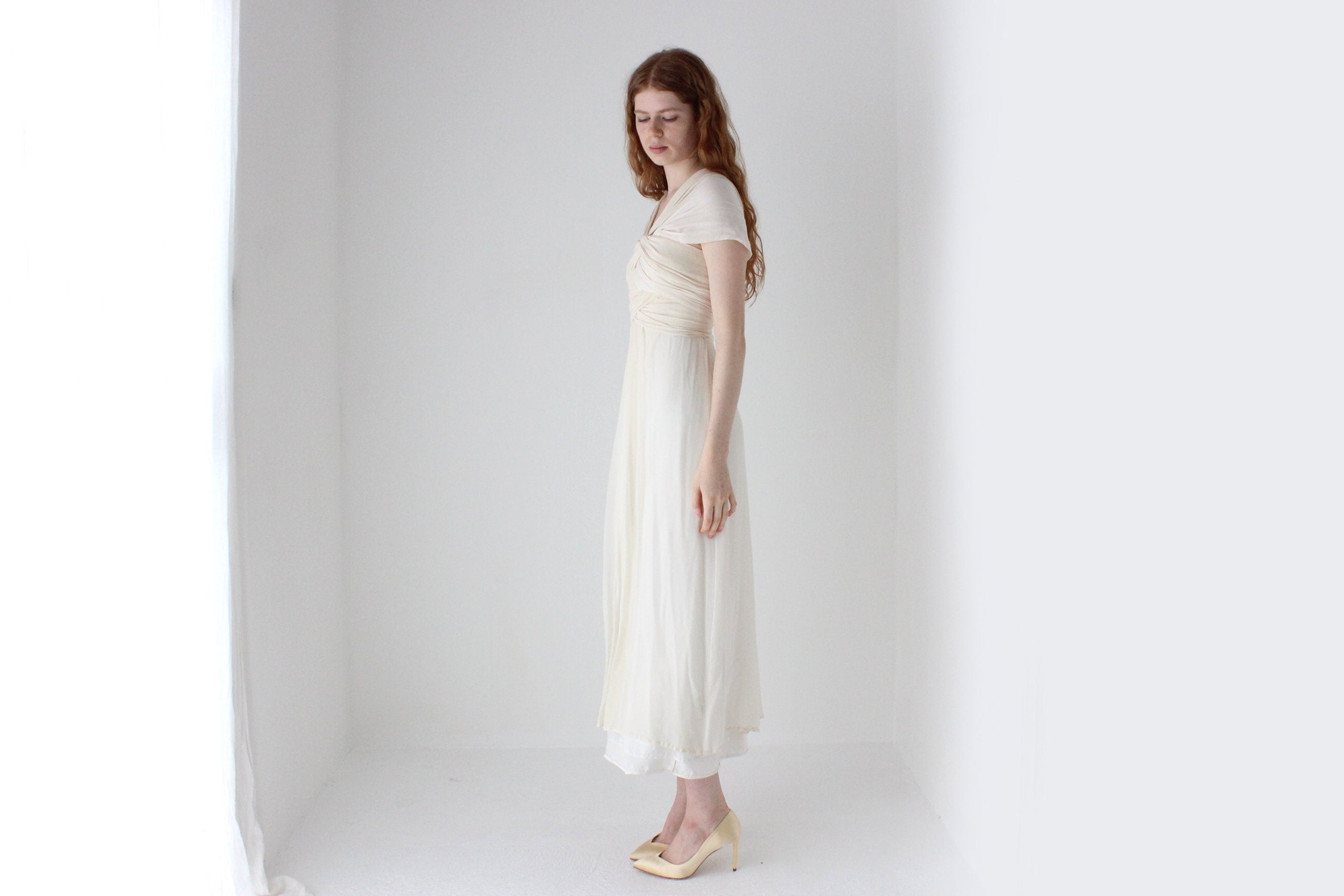 1990s Lisa Ho Wrapped Silk Georgette Ivory Wedding Gown