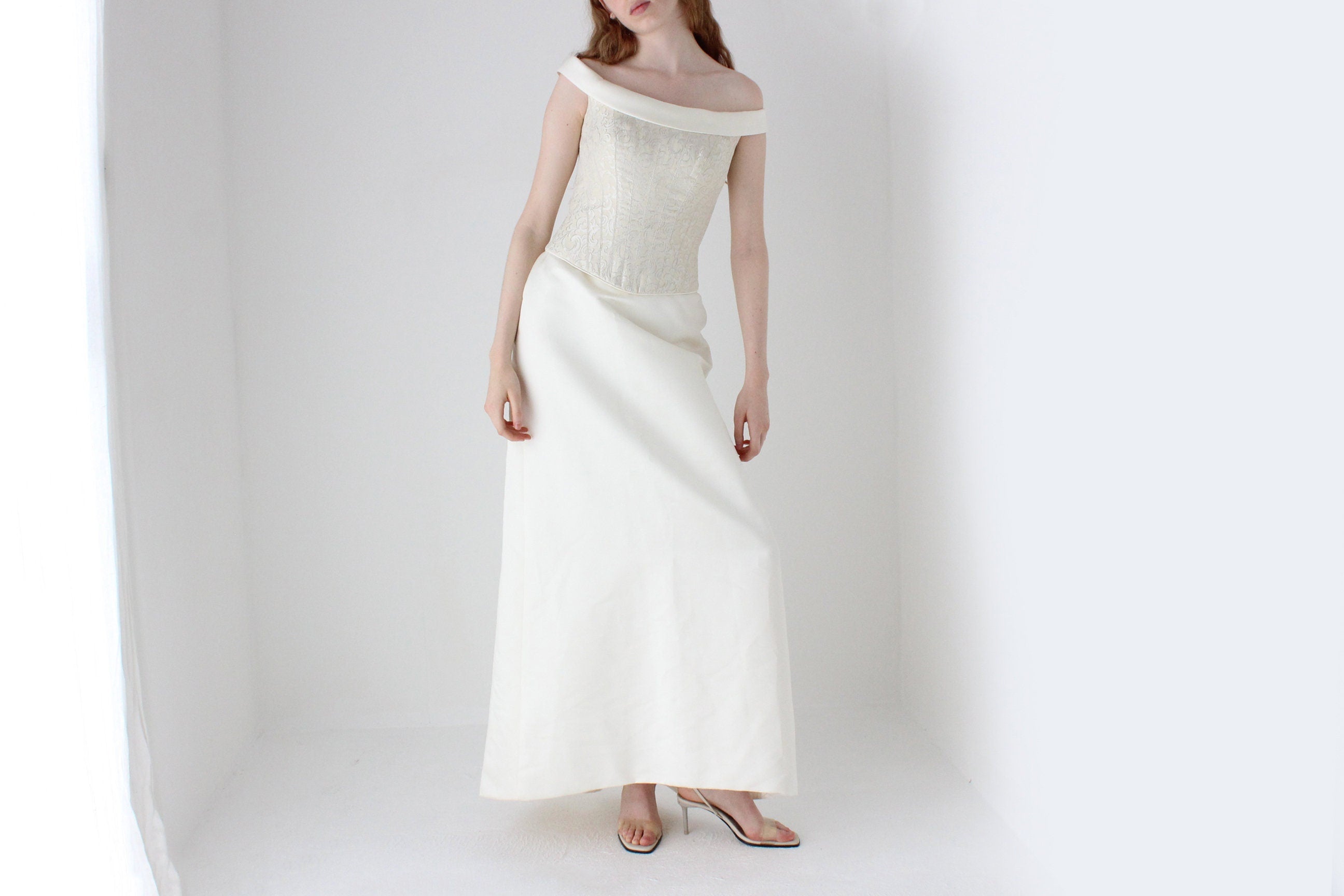 1990s Pronovias Duchess Satin Renaissance Corset Wedding Dress