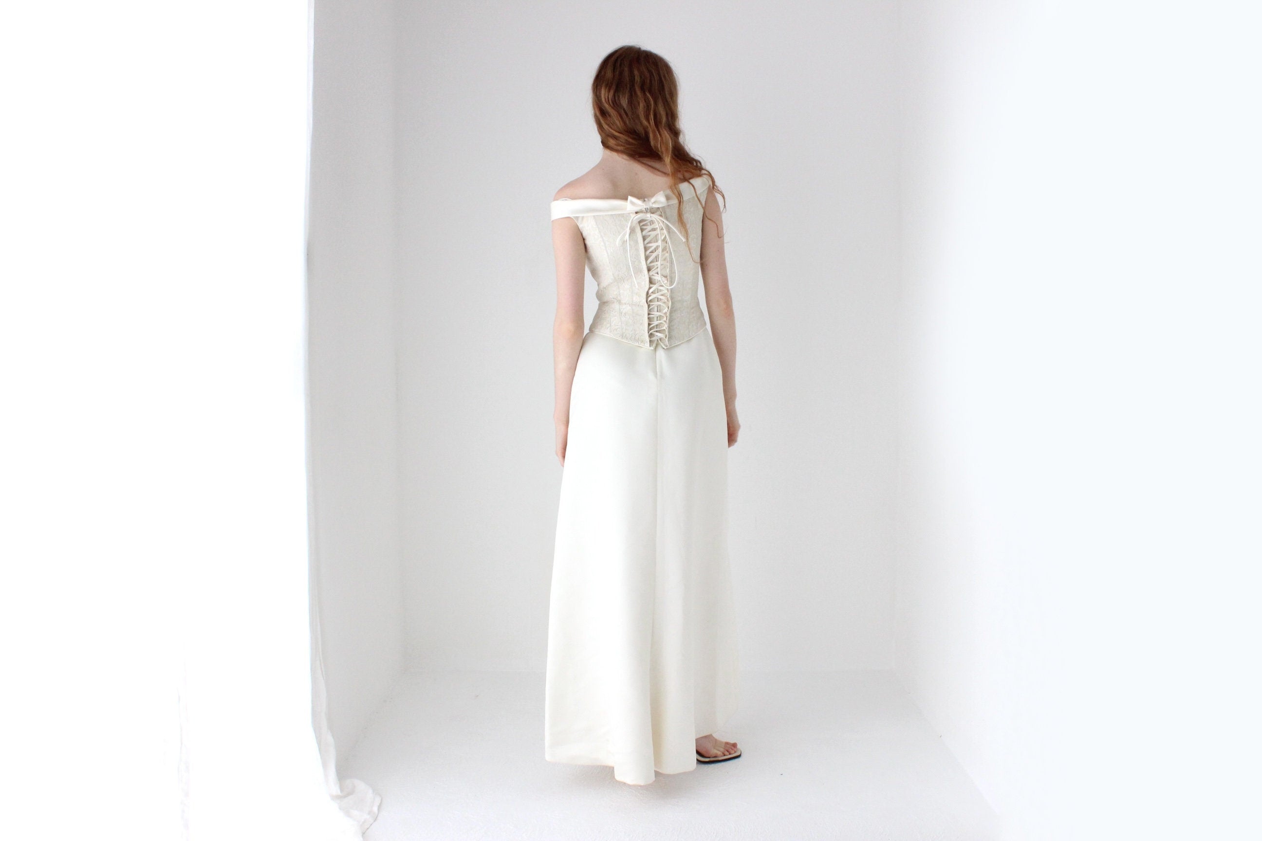 1990s Pronovias Duchess Satin Renaissance Corset Wedding Dress
