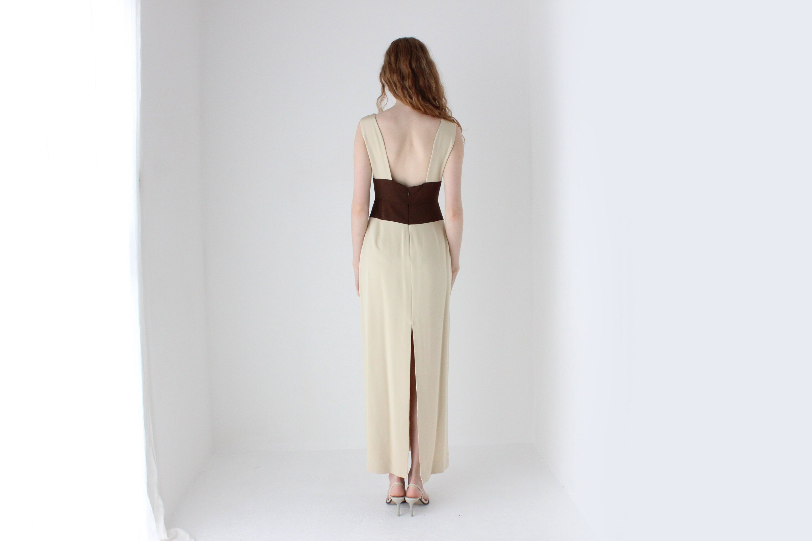 1990s Melinda Eng Chic Neutral Silk Column Gown w/ Chocolate Centre