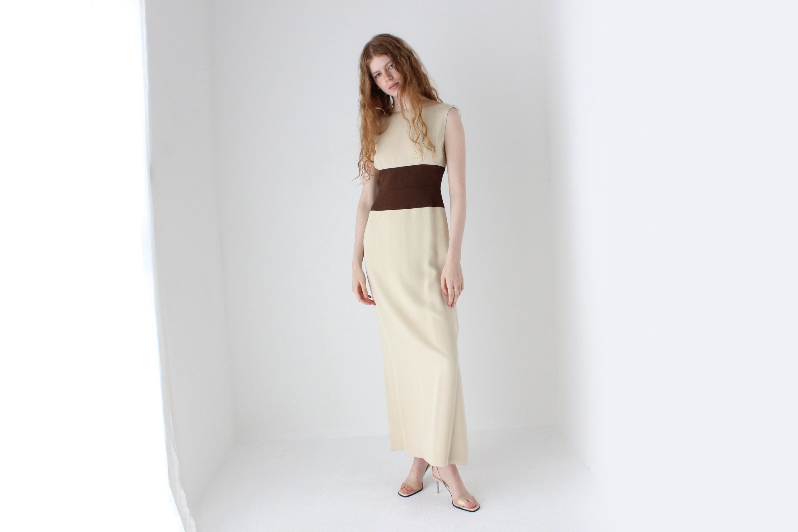 1990s Melinda Eng Chic Neutral Silk Column Gown w/ Chocolate Centre