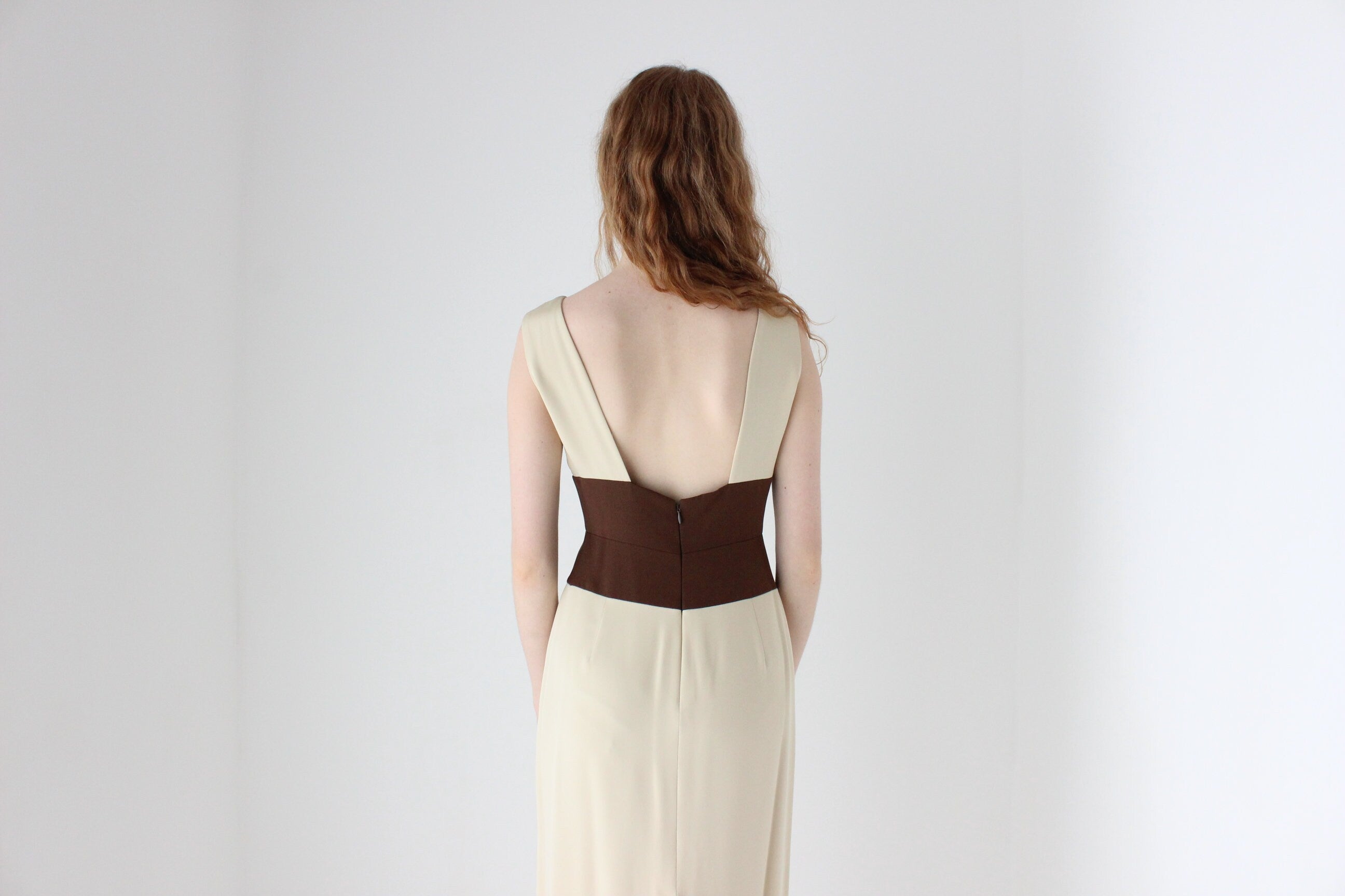 1990s Melinda Eng Chic Neutral Silk Column Gown w/ Chocolate Centre