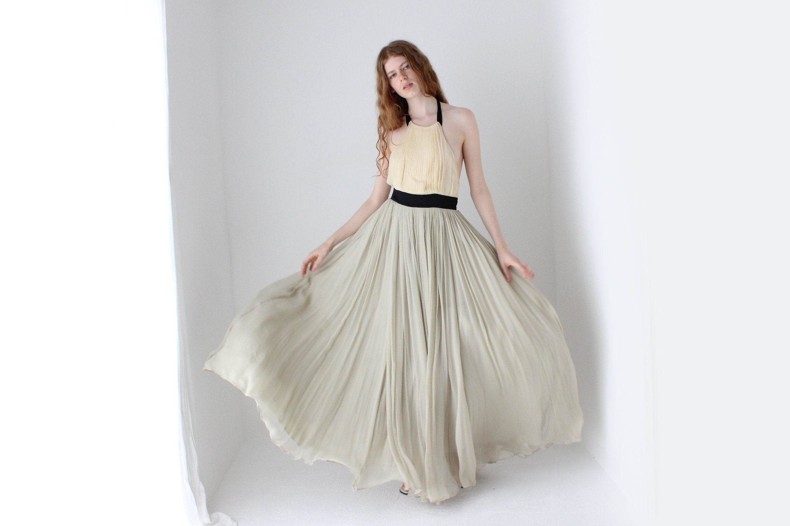 2000s By Malene Birger Voluminous Tri-Colour Pastel Silk Halter Gown