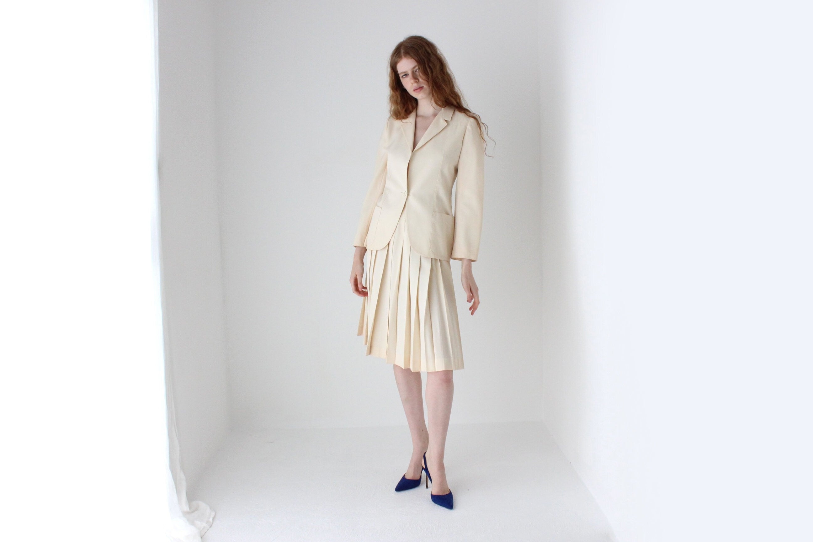 1970s Krizia Italy Cream Wool Two Piece Bridal Skirt Suit