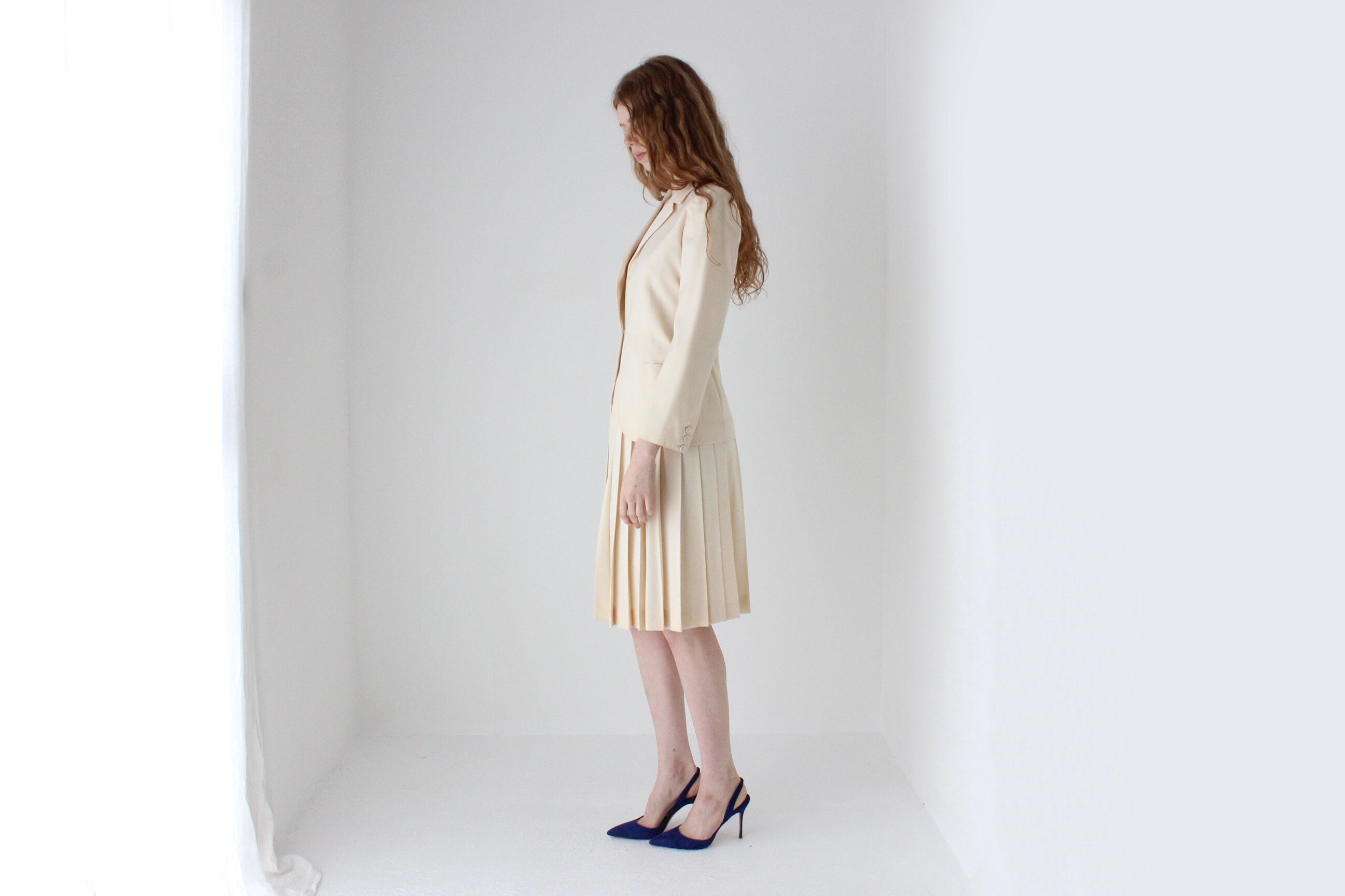 1970s Krizia Italy Cream Wool Two Piece Bridal Skirt Suit