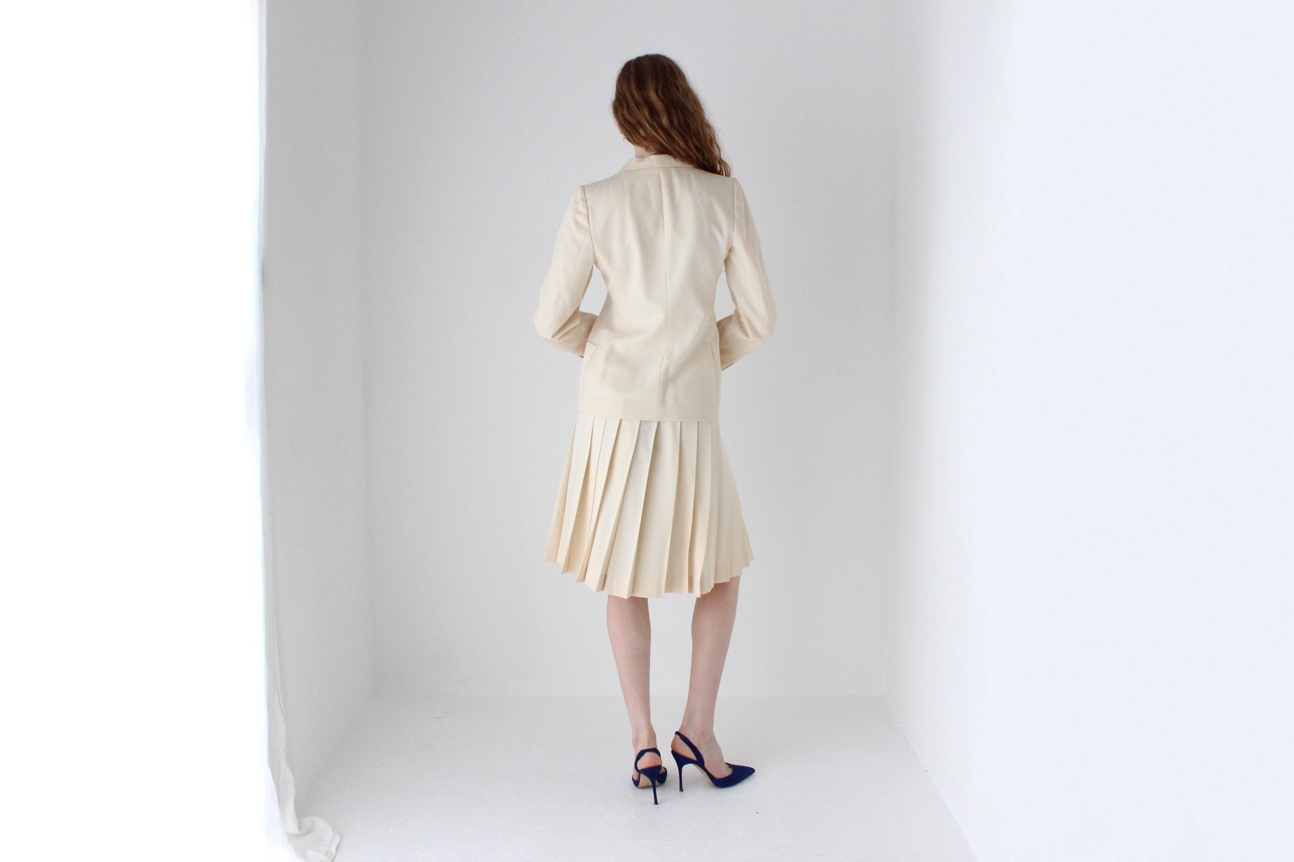 1970s Krizia Italy Cream Wool Two Piece Bridal Skirt Suit