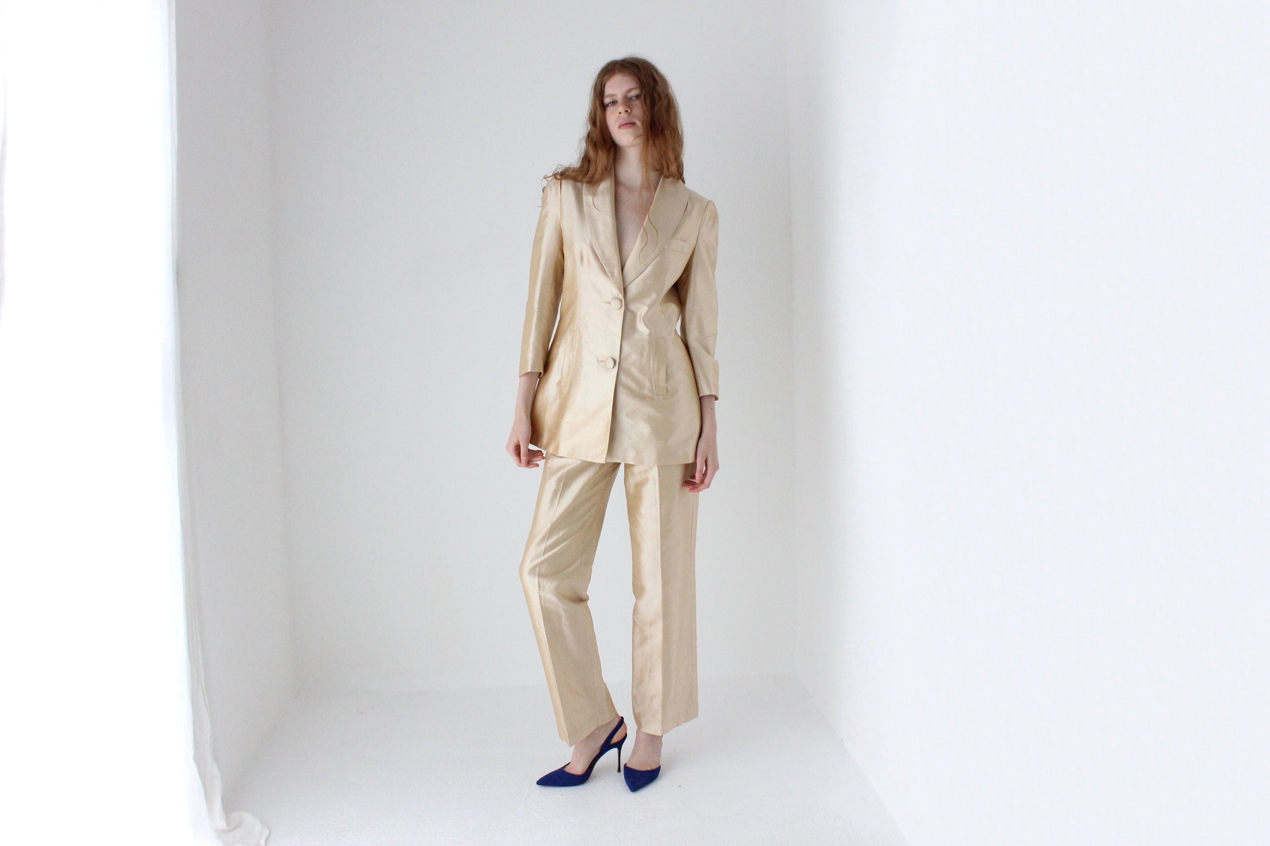 1980s Neiman Marcus Champagne Raw Silk Two Piece Bridal Pant Suit