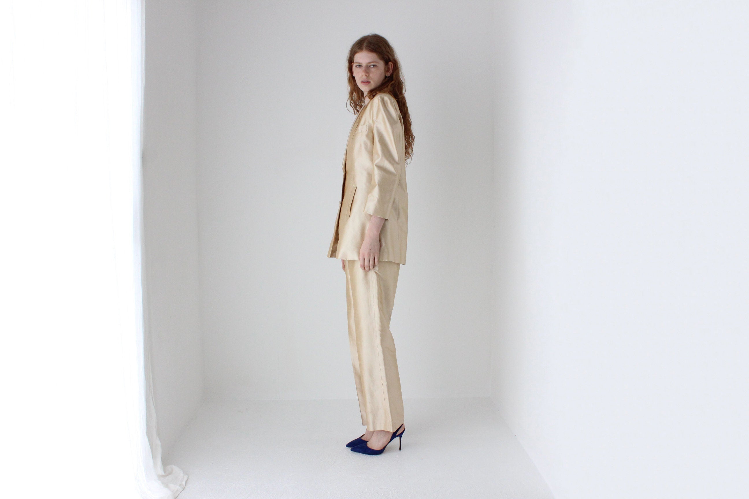 1980s Neiman Marcus Champagne Raw Silk Two Piece Bridal Pant Suit