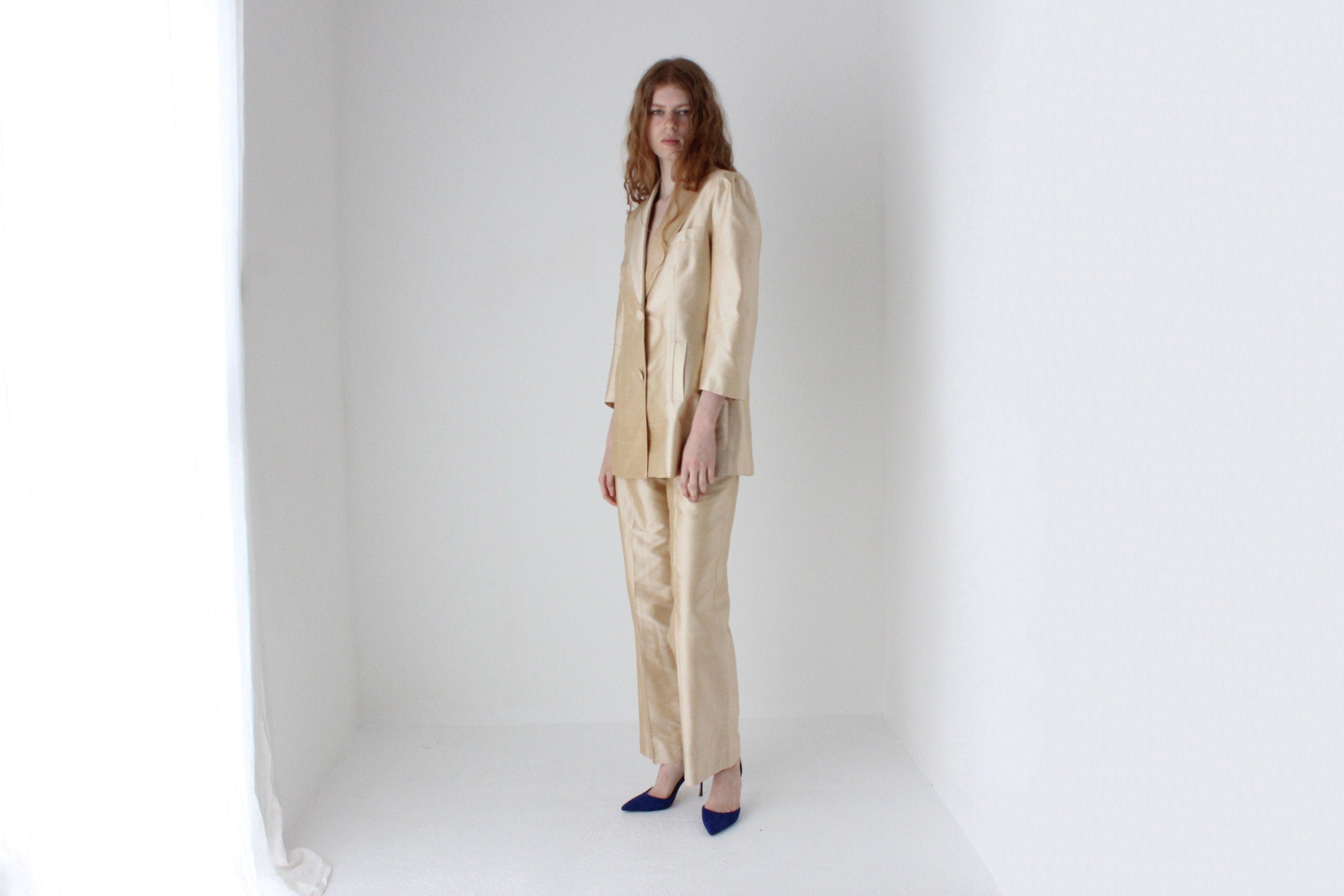 1980s Neiman Marcus Champagne Raw Silk Two Piece Bridal Pant Suit