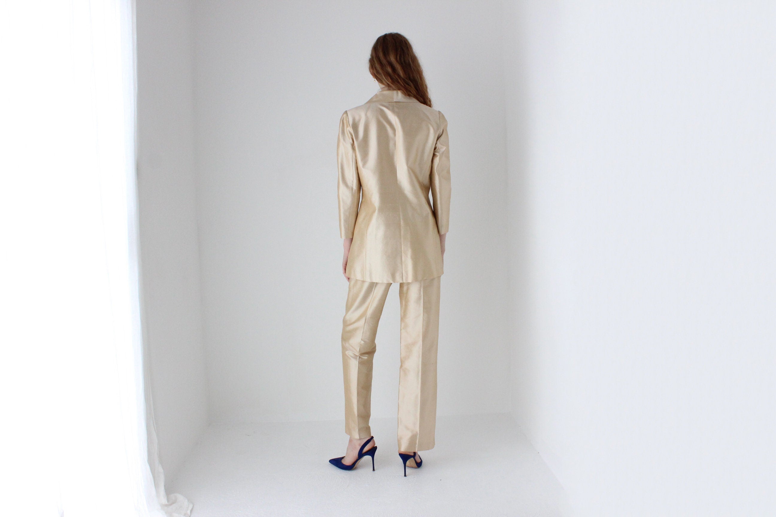 1980s Neiman Marcus Champagne Raw Silk Two Piece Bridal Pant Suit