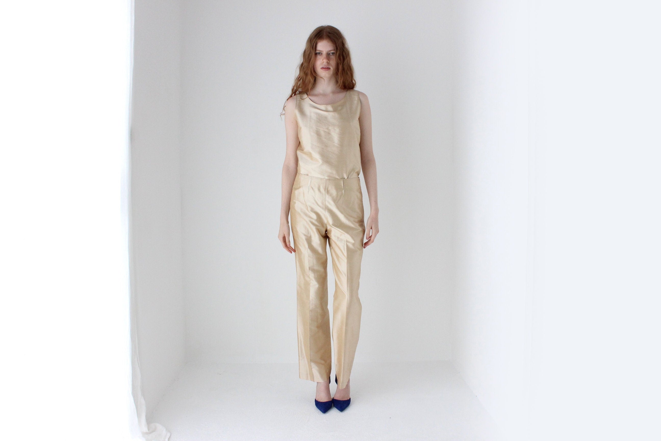 1980s Neiman Marcus Champagne Raw Silk Two Piece Bridal Pant Suit