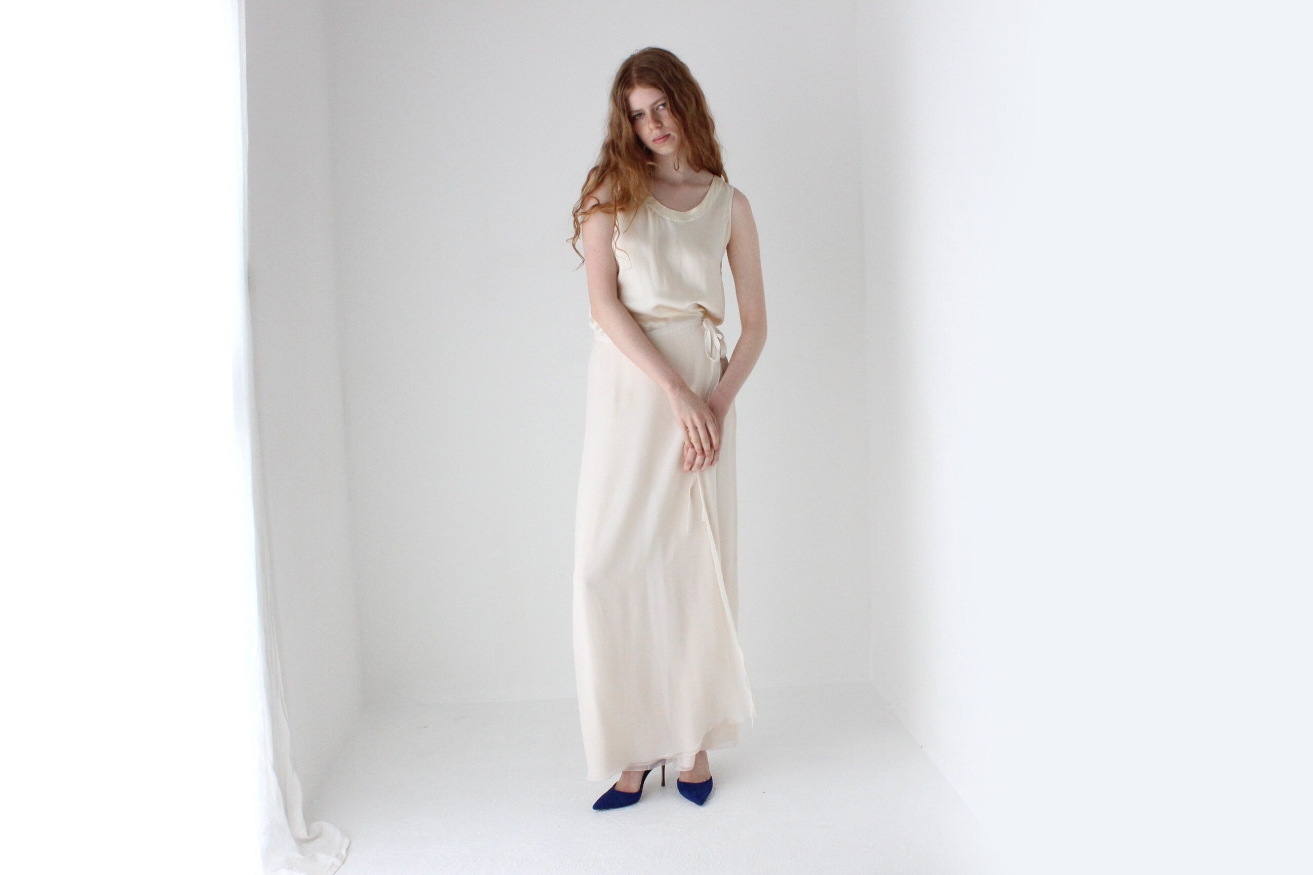 1990s St John Layered Silk Minimal High Waist Floaty Loose Wide Leg Bridal Pants