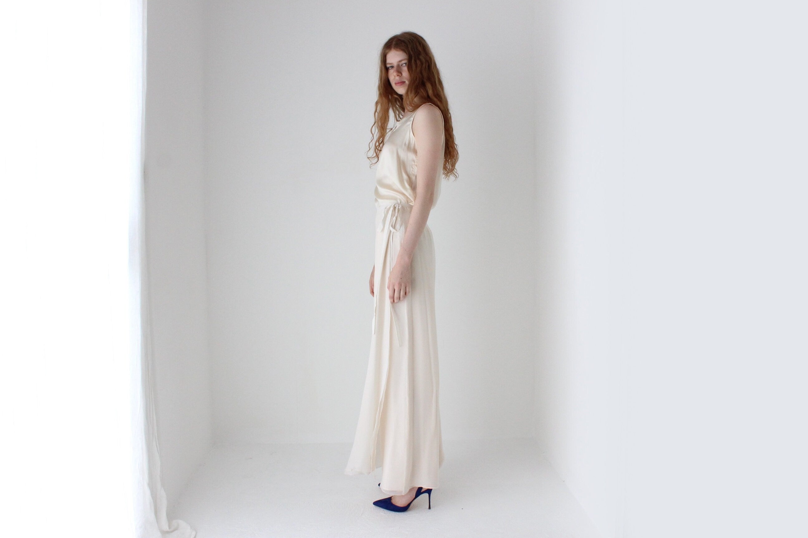 1990s St John Layered Silk Minimal High Waist Floaty Loose Wide Leg Bridal Pants