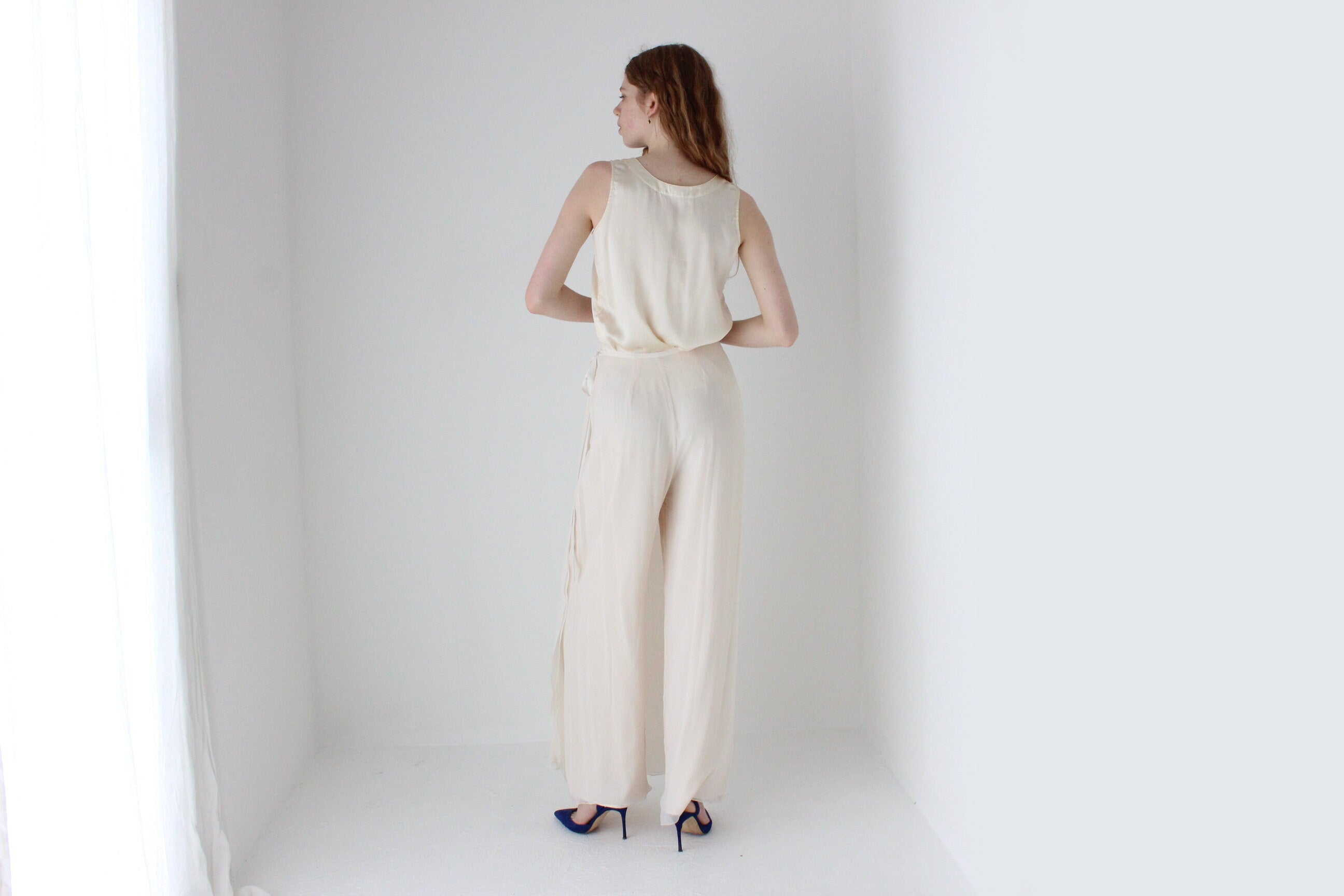 1990s St John Layered Silk Minimal High Waist Floaty Loose Wide Leg Bridal Pants