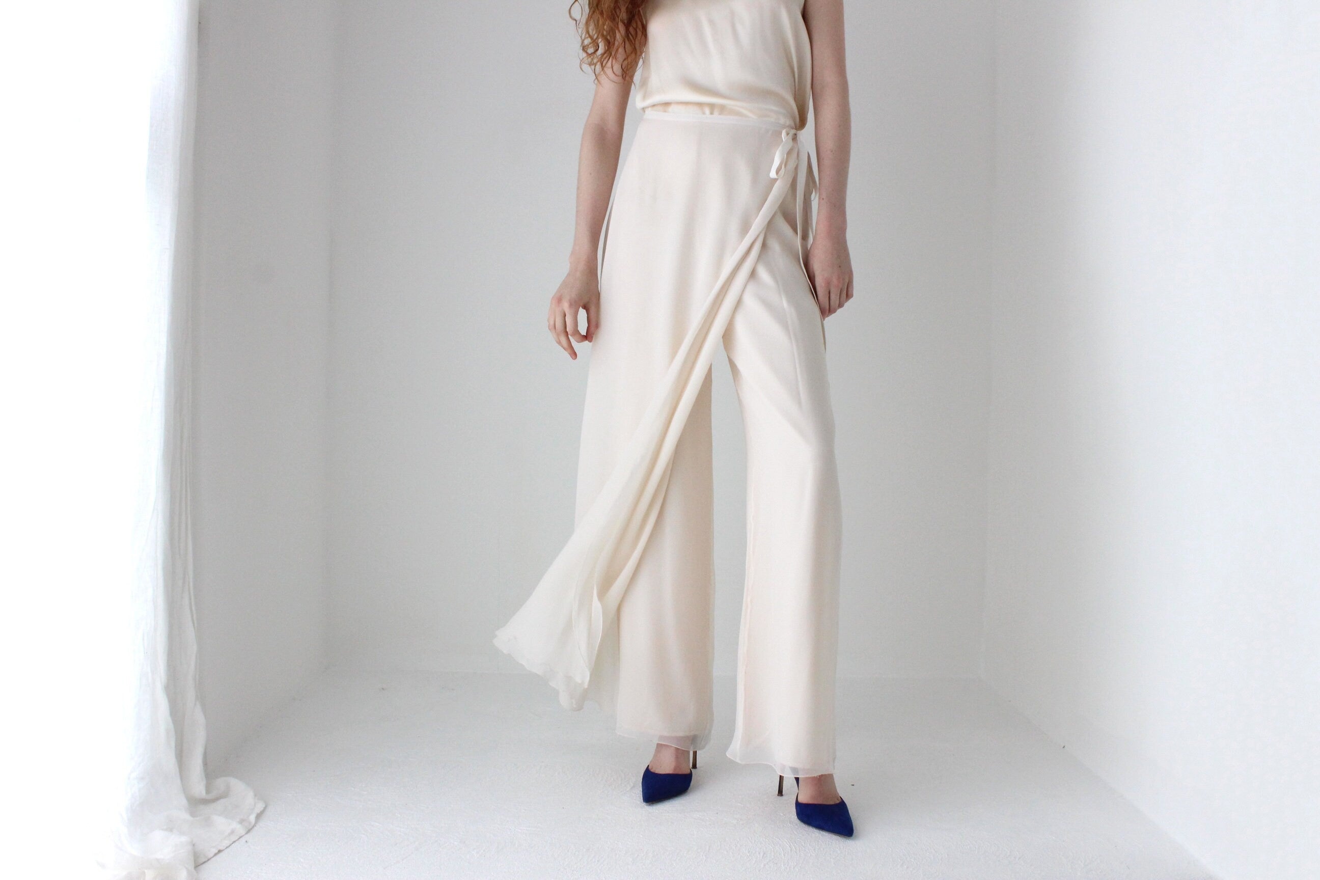 1990s St John Layered Silk Minimal High Waist Floaty Loose Wide Leg Bridal Pants