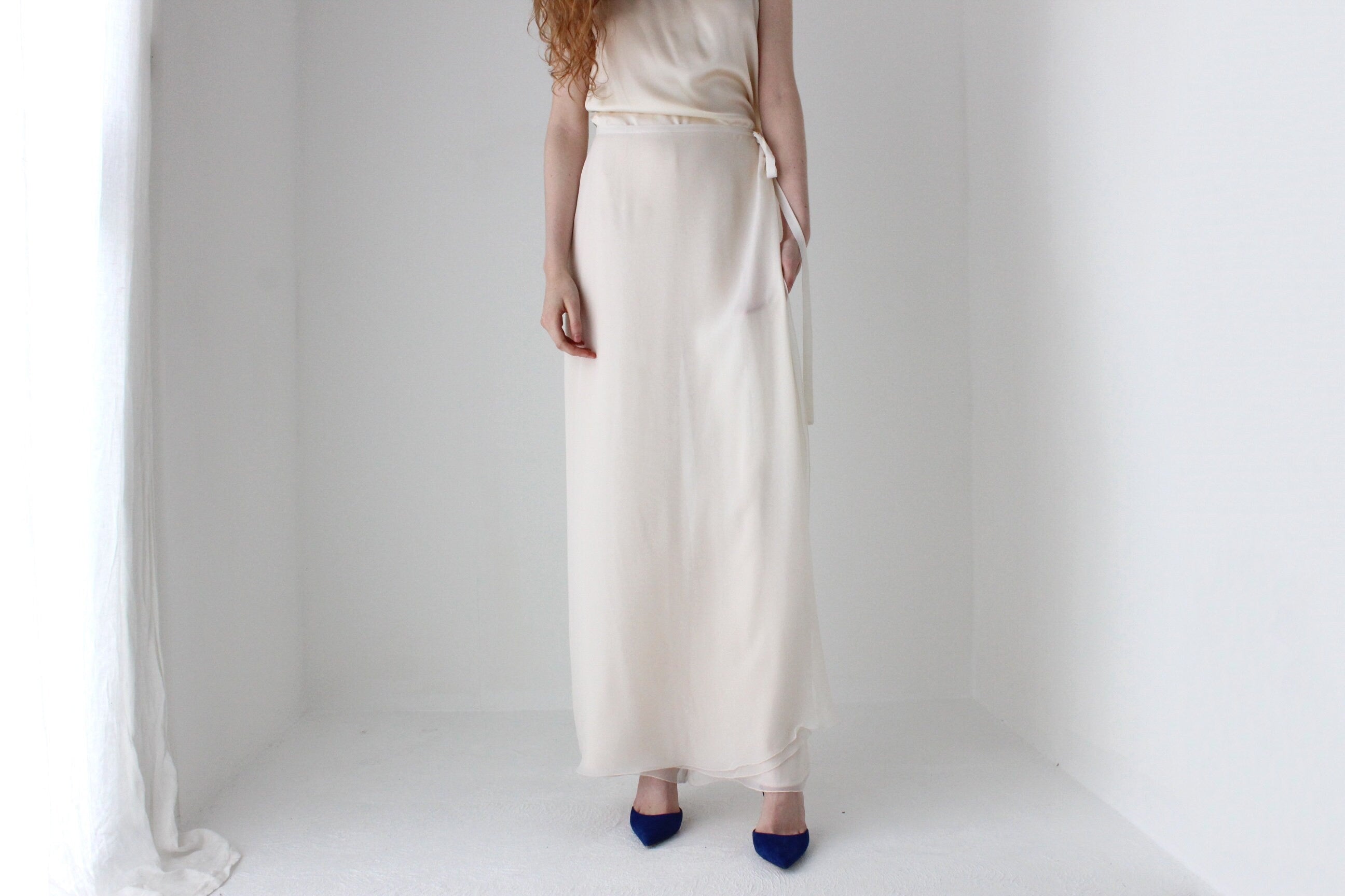 1990s St John Layered Silk Minimal High Waist Floaty Loose Wide Leg Bridal Pants