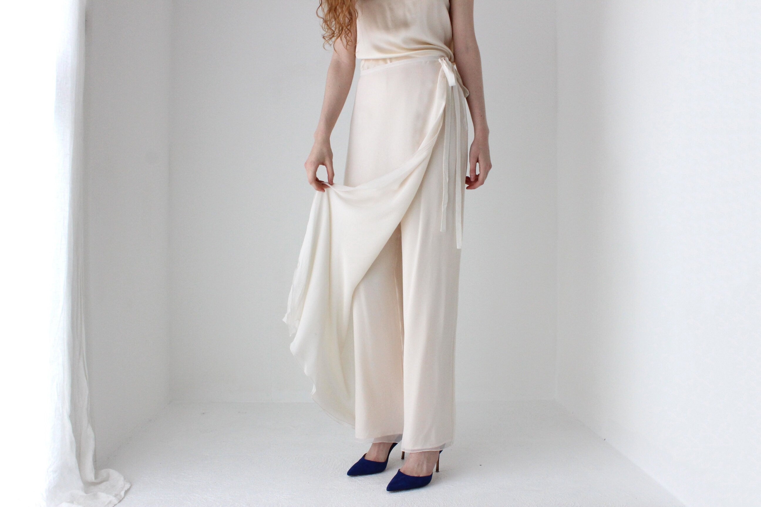 1990s St John Layered Silk Minimal High Waist Floaty Loose Wide Leg Bridal Pants