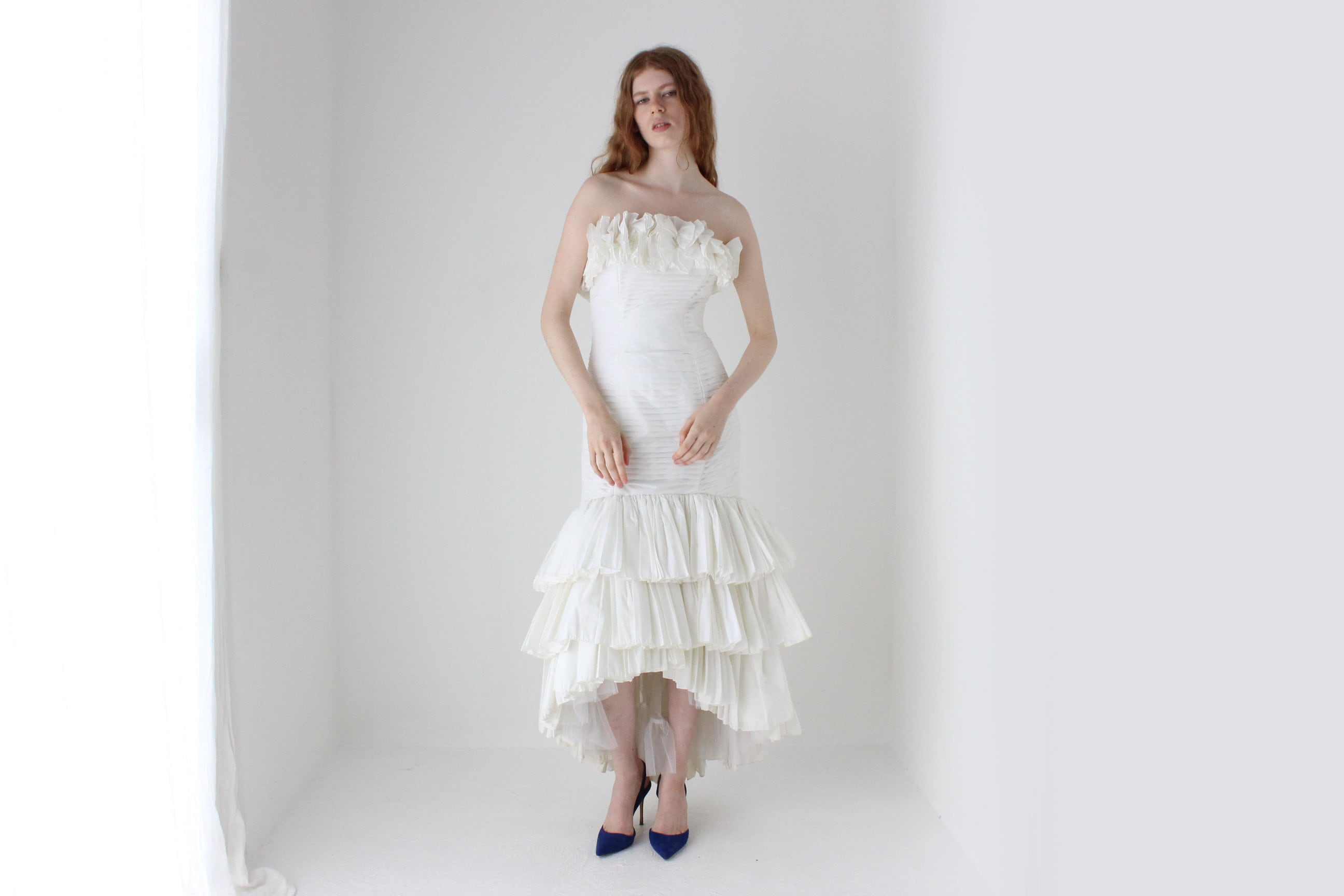 Glorious 1980s Victor Costa Strapless Ruffle Taffeta Wedding Dress
