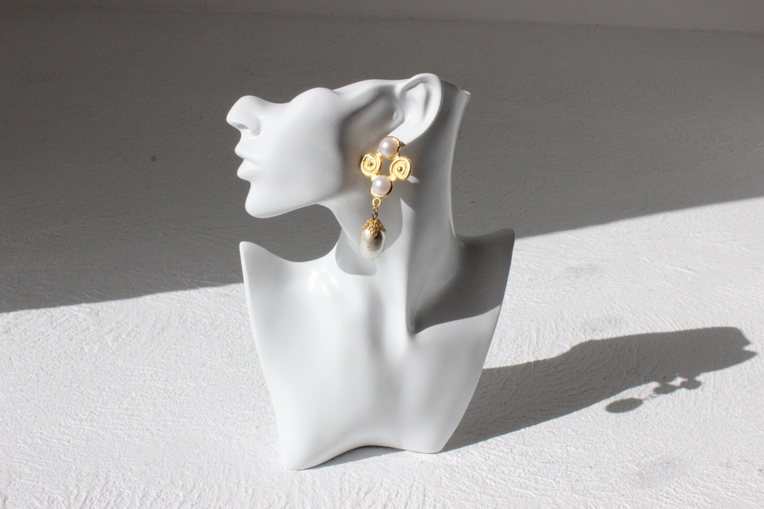 80s Baroque Gold & Pearl Rustic Cross Droplet Earrings