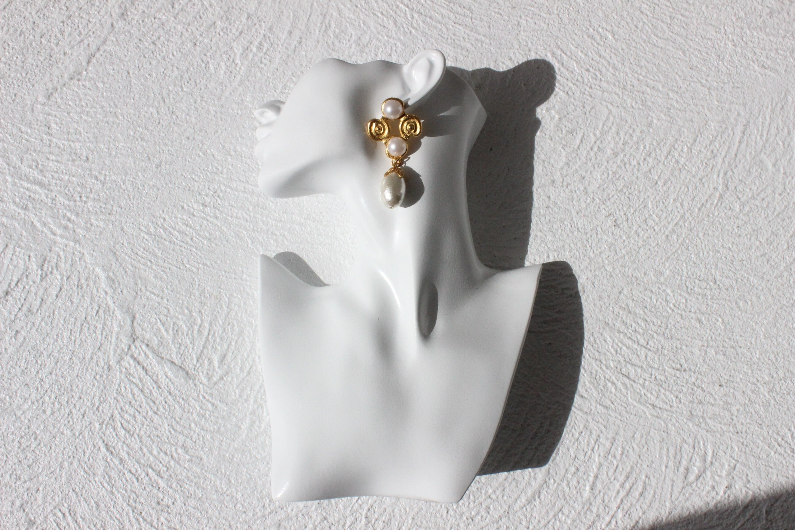 80s Baroque Gold & Pearl Rustic Cross Droplet Earrings