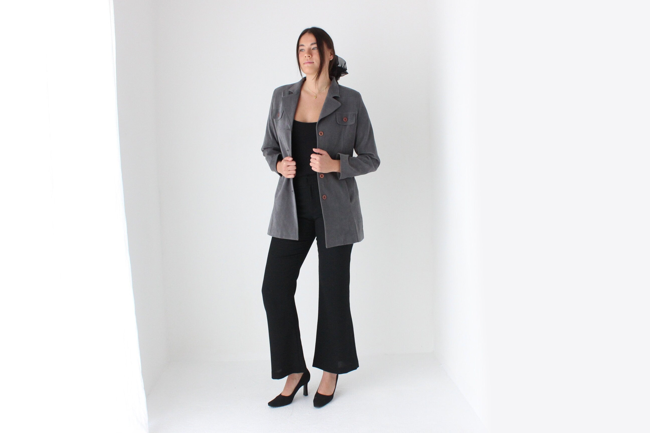 90s Grey Microsuede Button Front Jacket