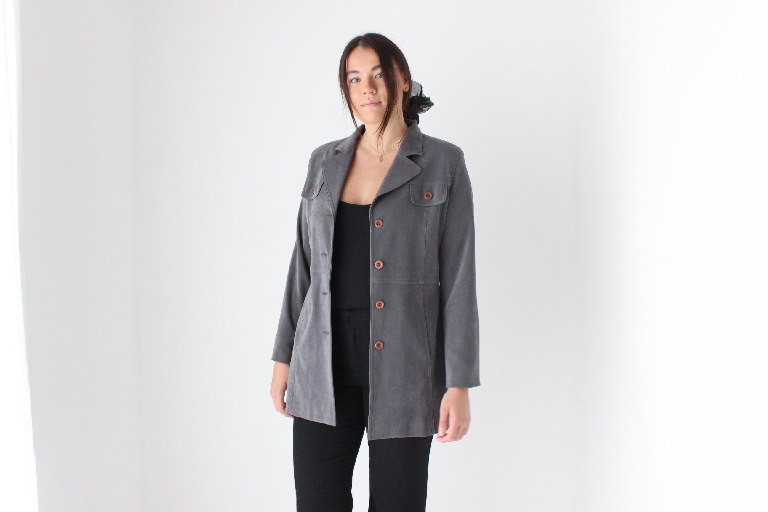 90s Grey Microsuede Button Front Jacket