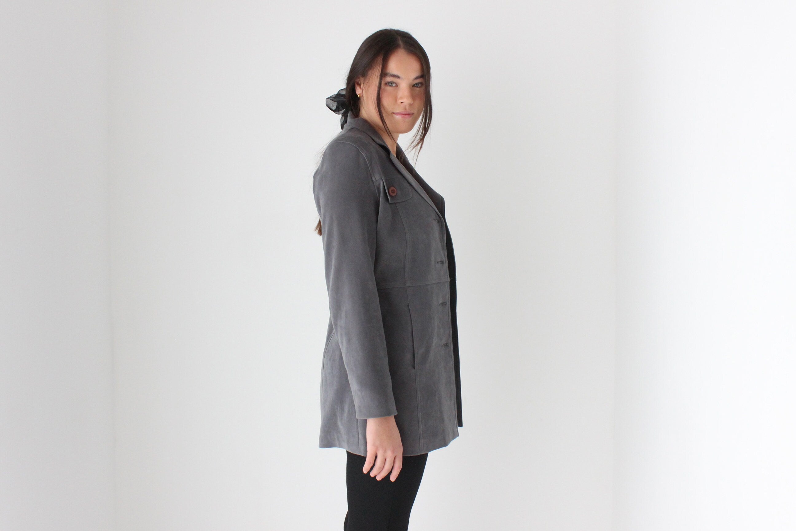 90s Grey Microsuede Button Front Jacket