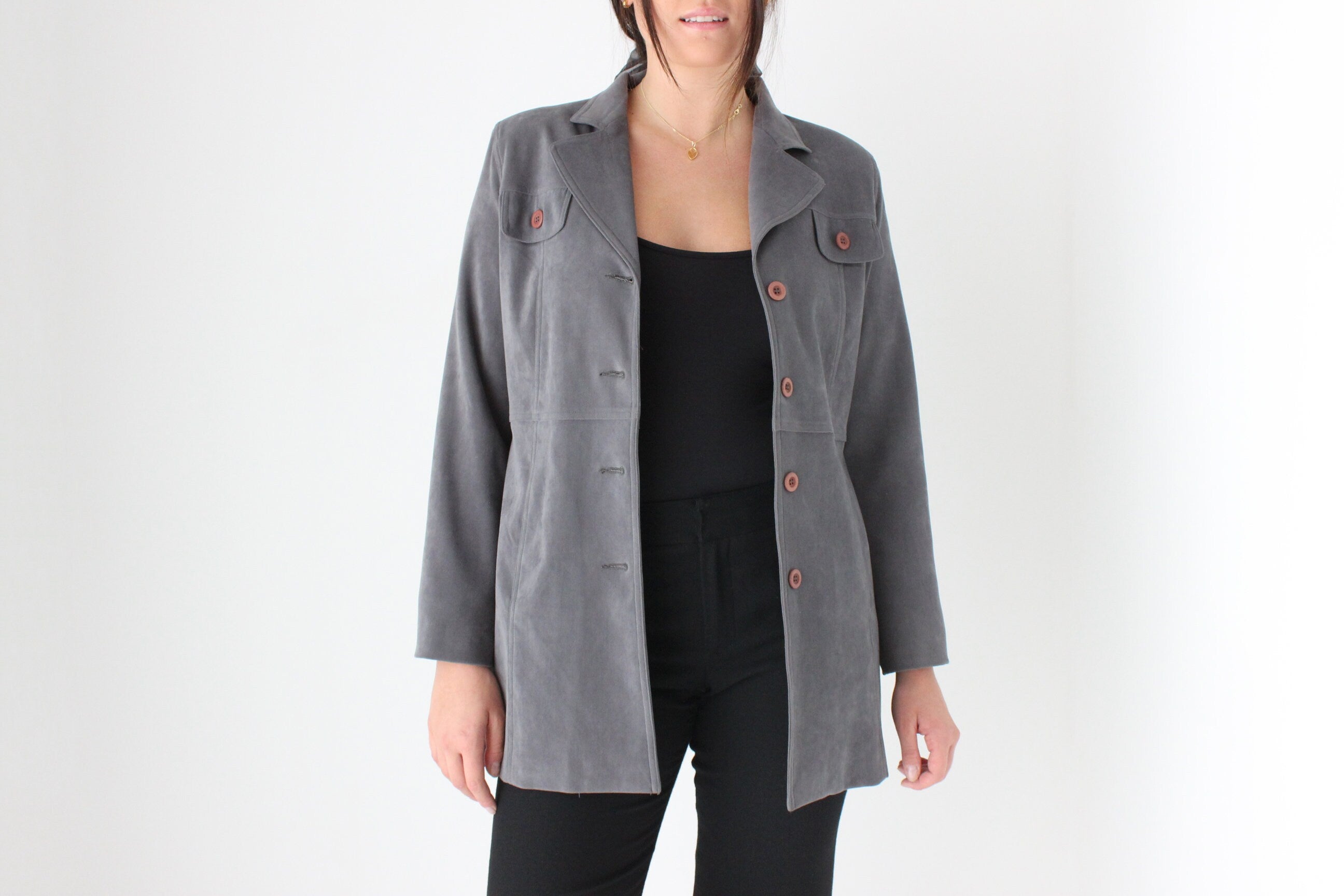 90s Grey Microsuede Button Front Jacket
