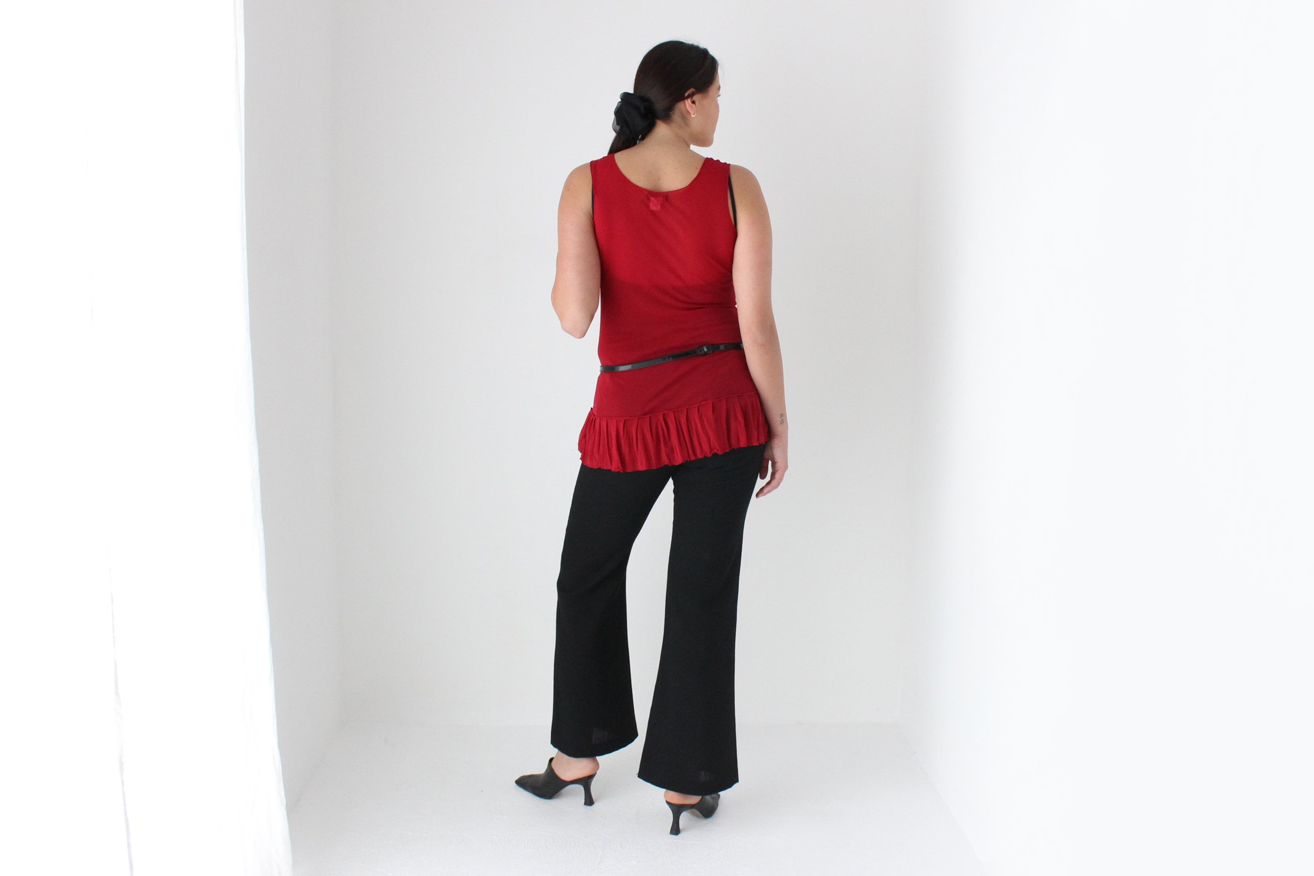 Y2K Funky Red Mesh Scoop Neck Ruffle Top