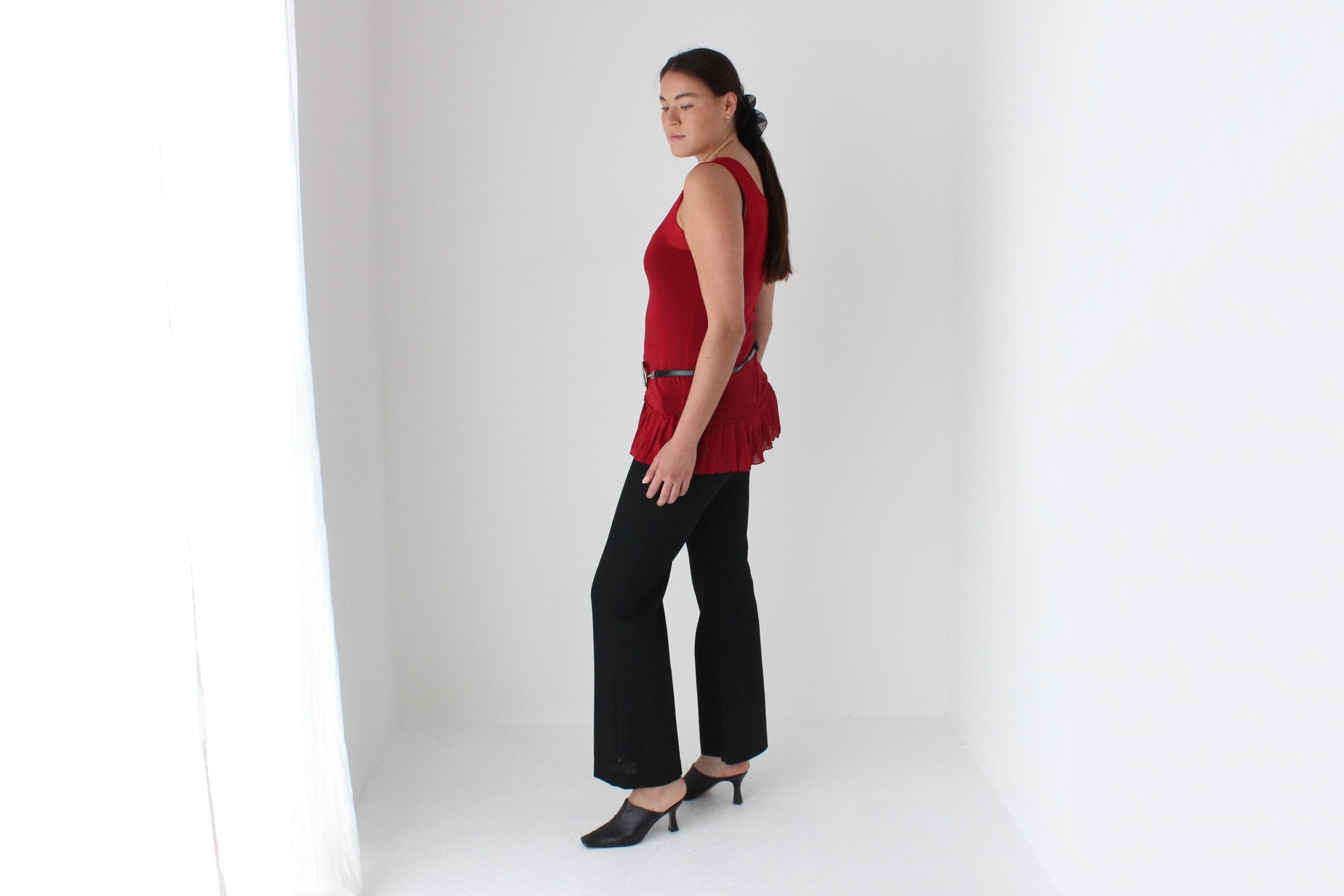 Y2K Funky Red Mesh Scoop Neck Ruffle Top