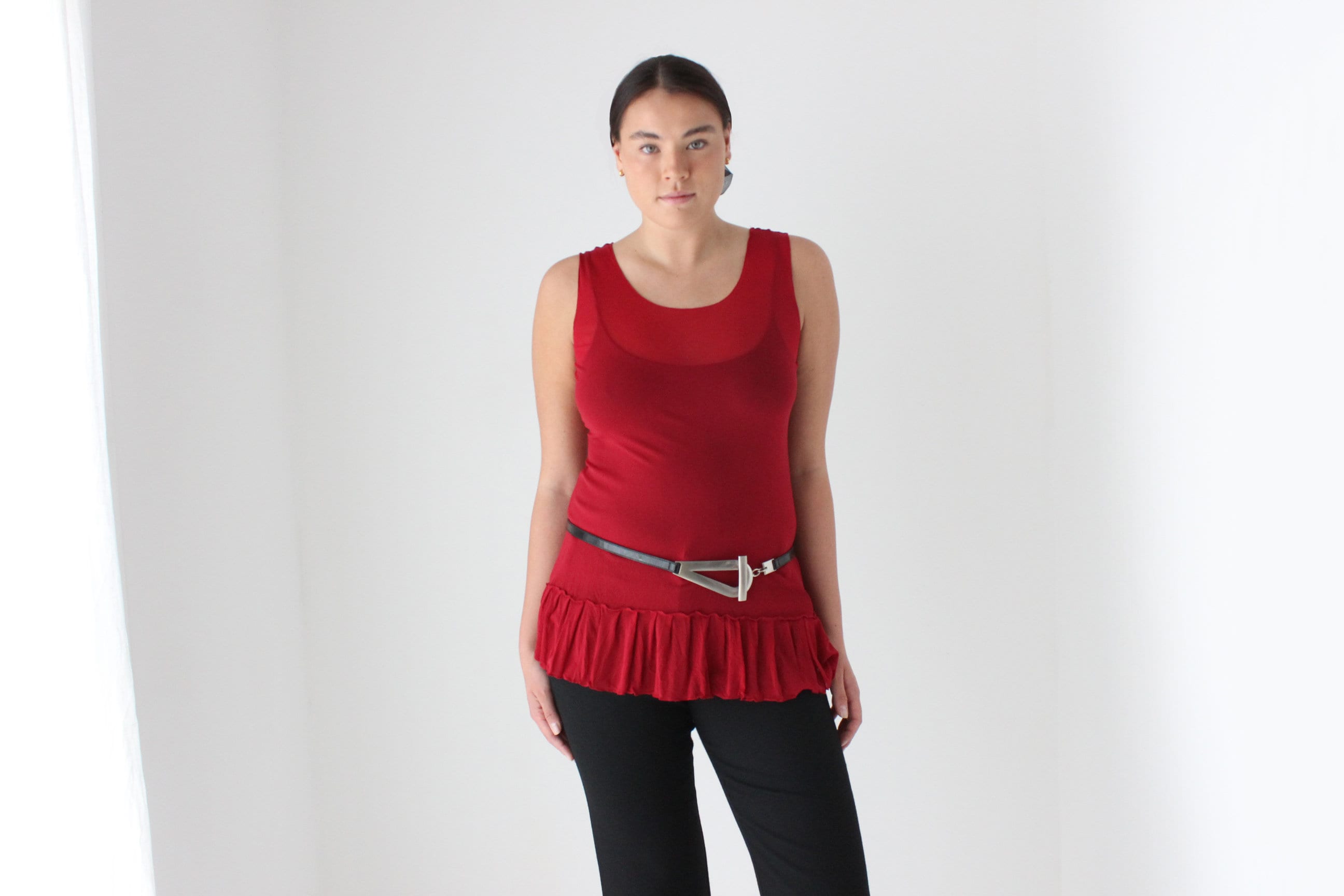 Y2K Funky Red Mesh Scoop Neck Ruffle Top