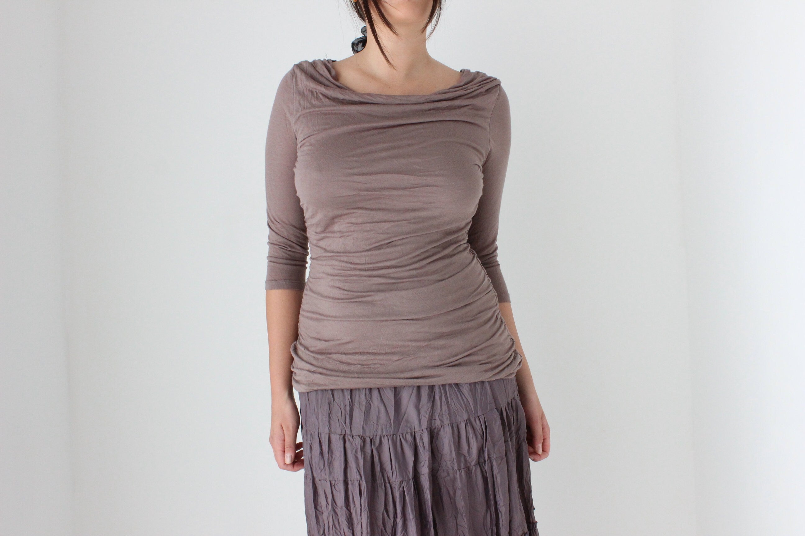 Y2K Slinky Jersey Draped & Gathered Neutral Mauve Top