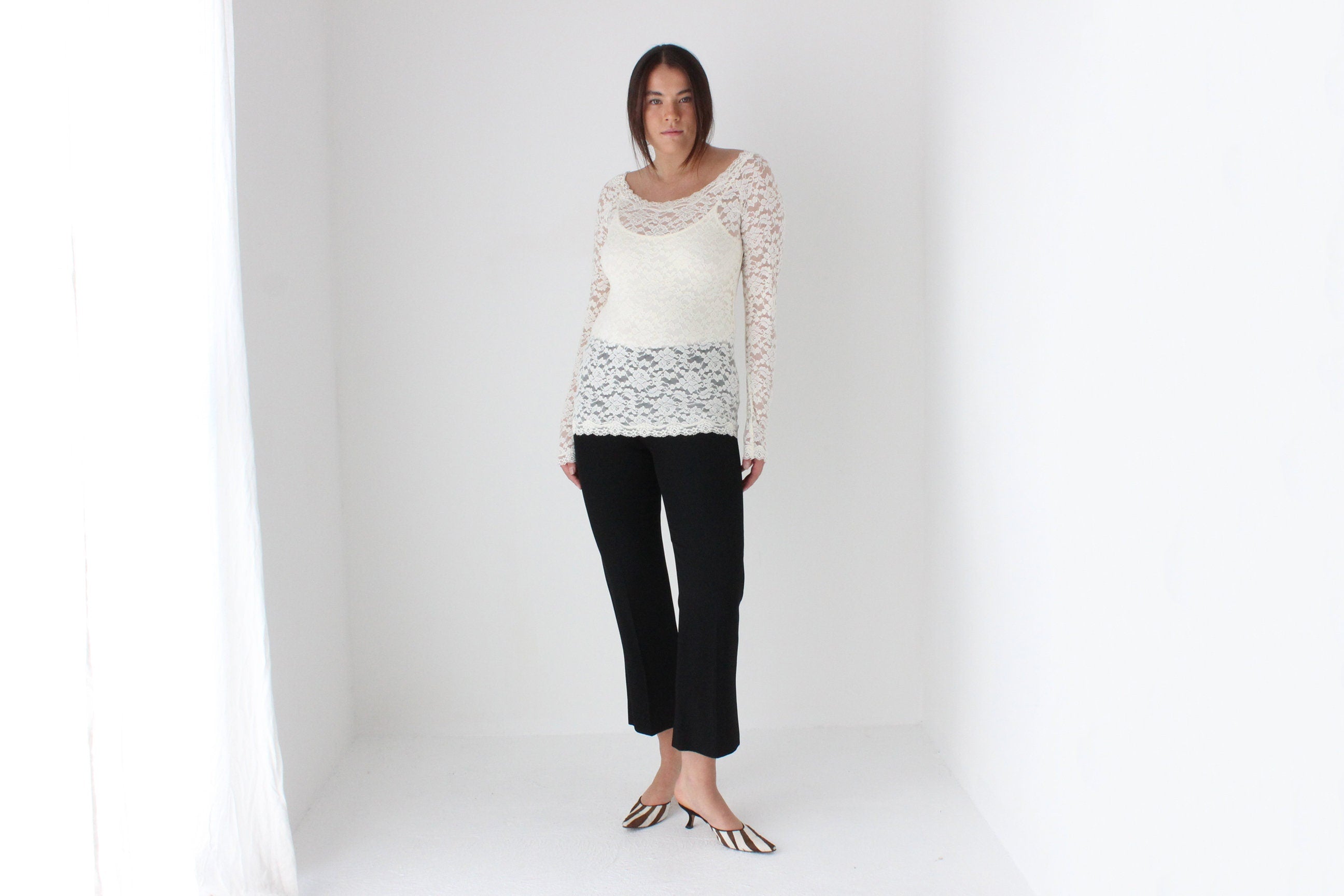 2000s Sheer Cream Lace Scoop Neck Top