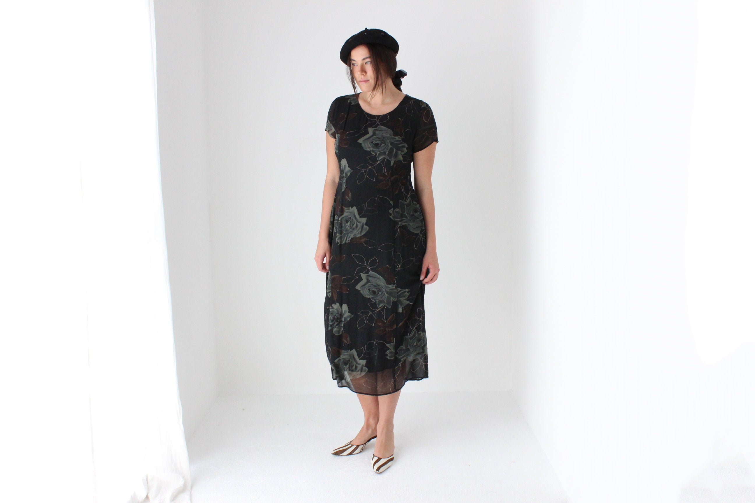 90s Pure Silk Floral Rose Relaxed Tee Dress