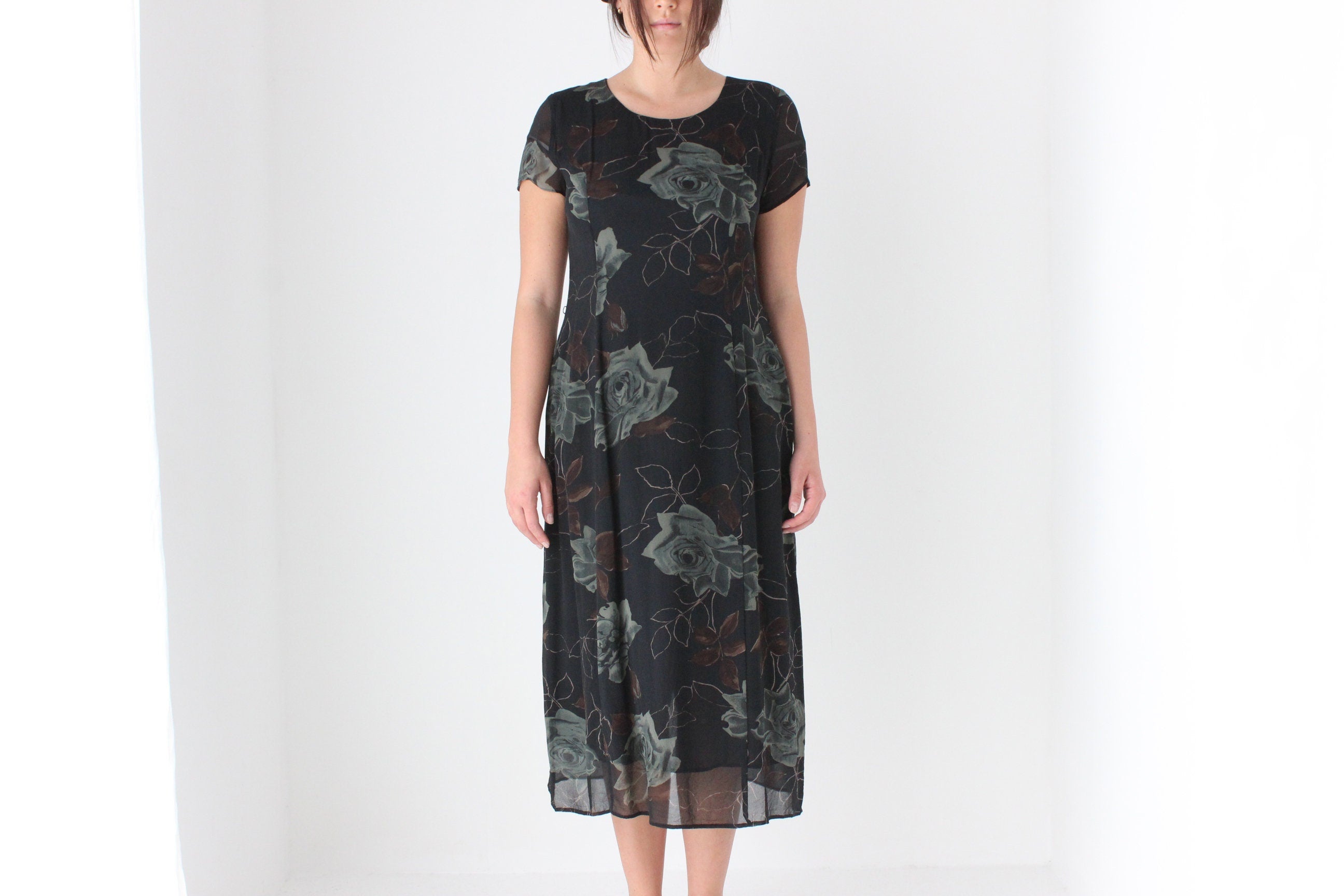 90s Pure Silk Floral Rose Relaxed Tee Dress