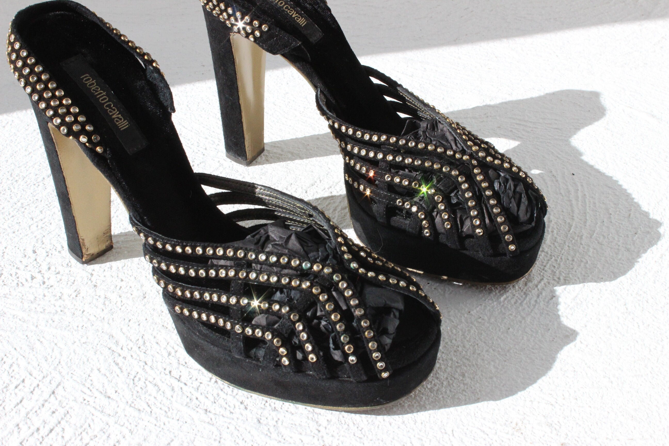 Y2K Roberto Cavalli Black Velvet & Diamonte Disco Platforms ~ Euro 39