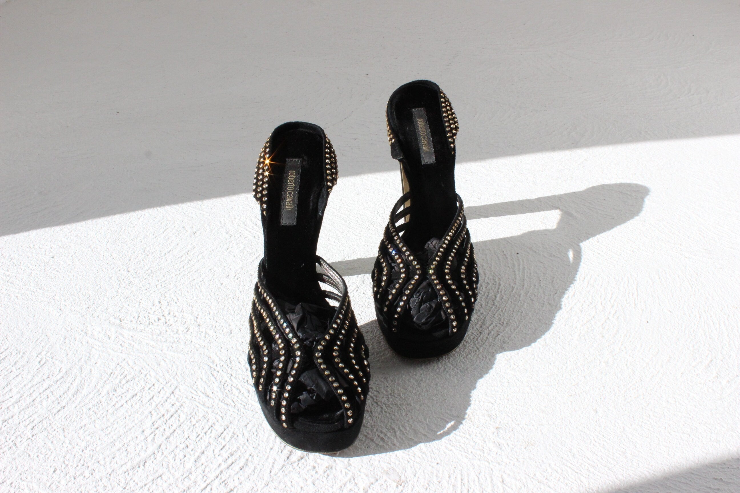 Y2K Roberto Cavalli Black Velvet & Diamonte Disco Platforms ~ Euro 39