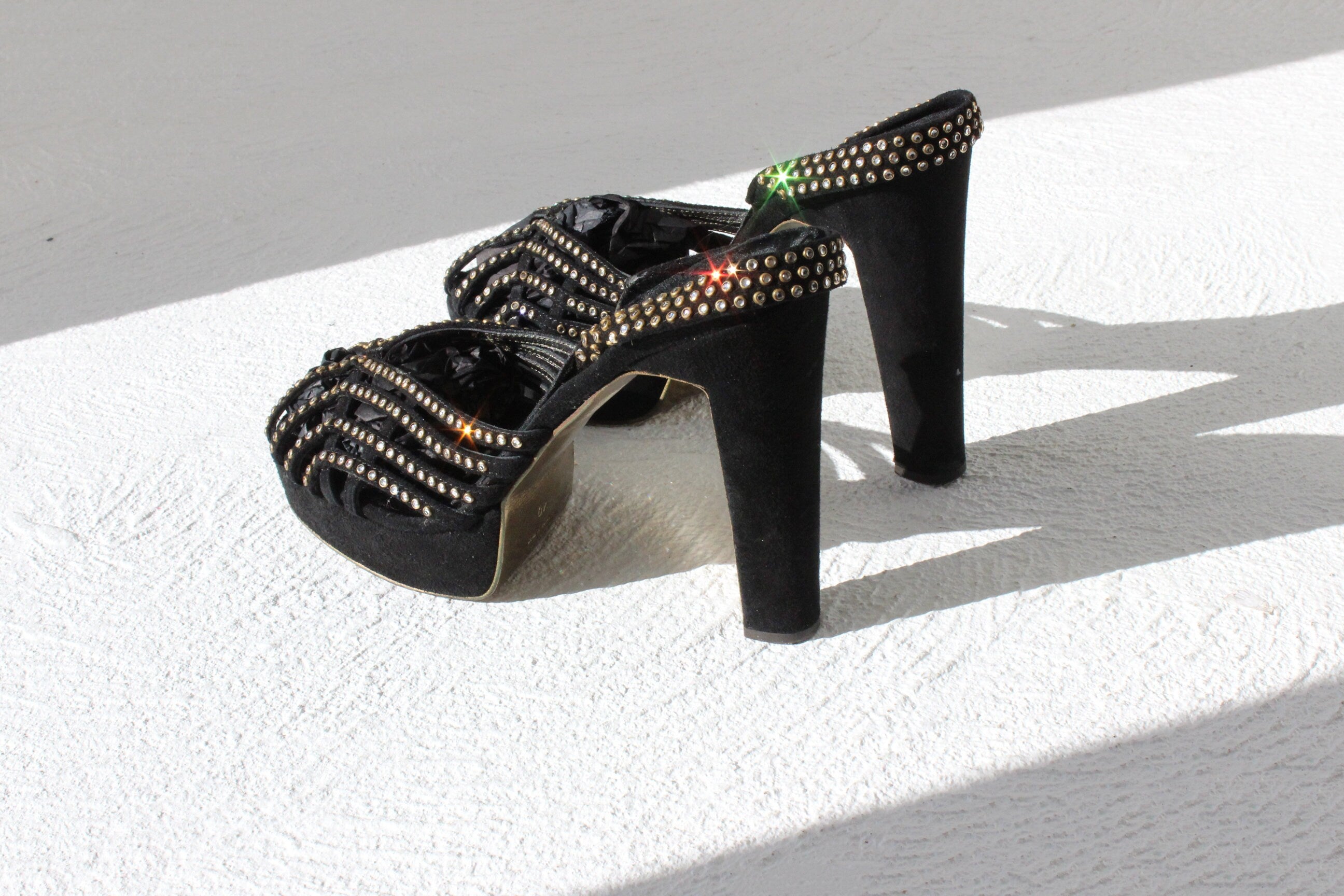 Y2K Roberto Cavalli Black Velvet & Diamonte Disco Platforms ~ Euro 39