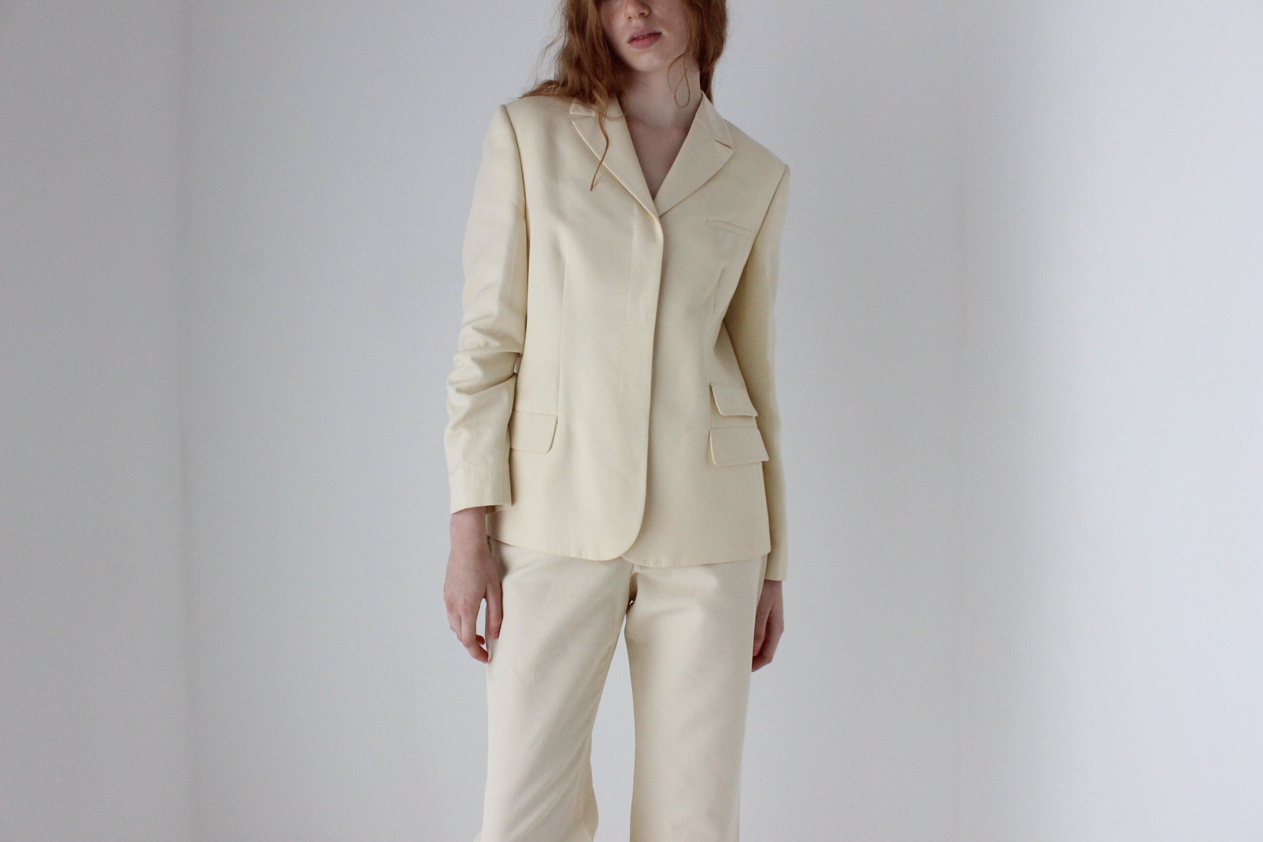 1999 Gianni Versace Couture Cream Cotton Bridal Pant Suit