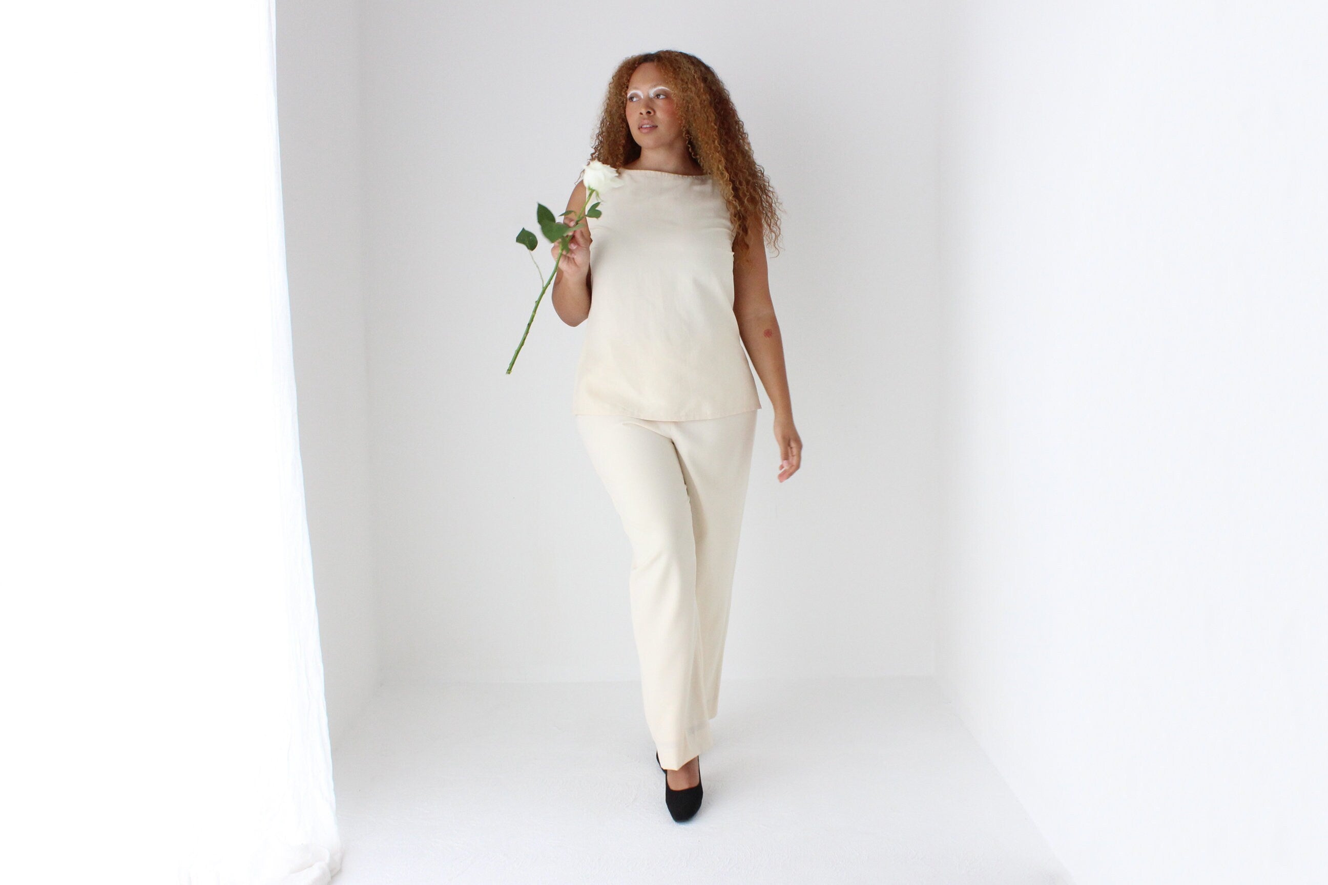 1980s Bill Blass Tailored Wide Leg Cream Wool Bridal Trousers