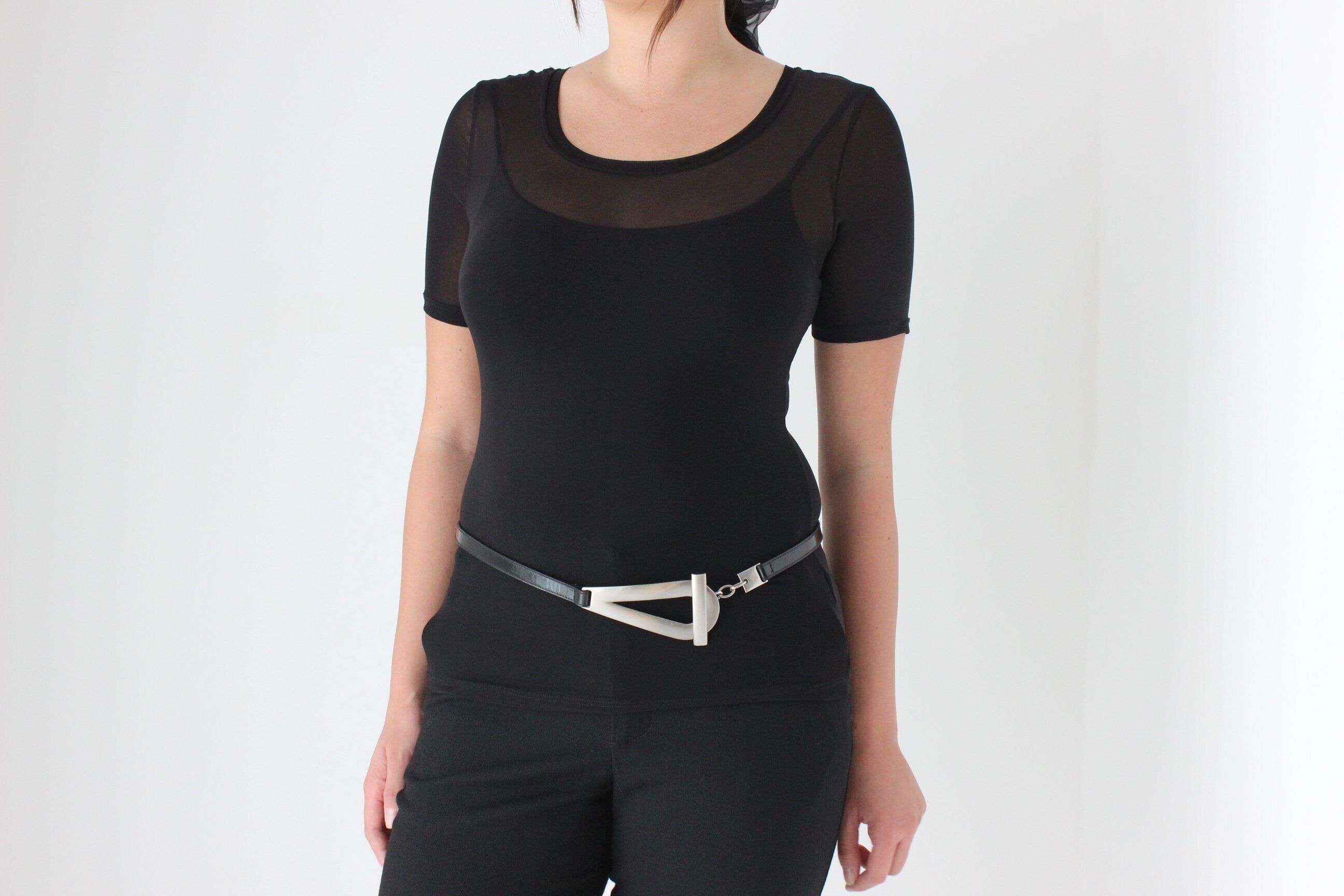90s Black Mesh Scoop Neck Tee Top