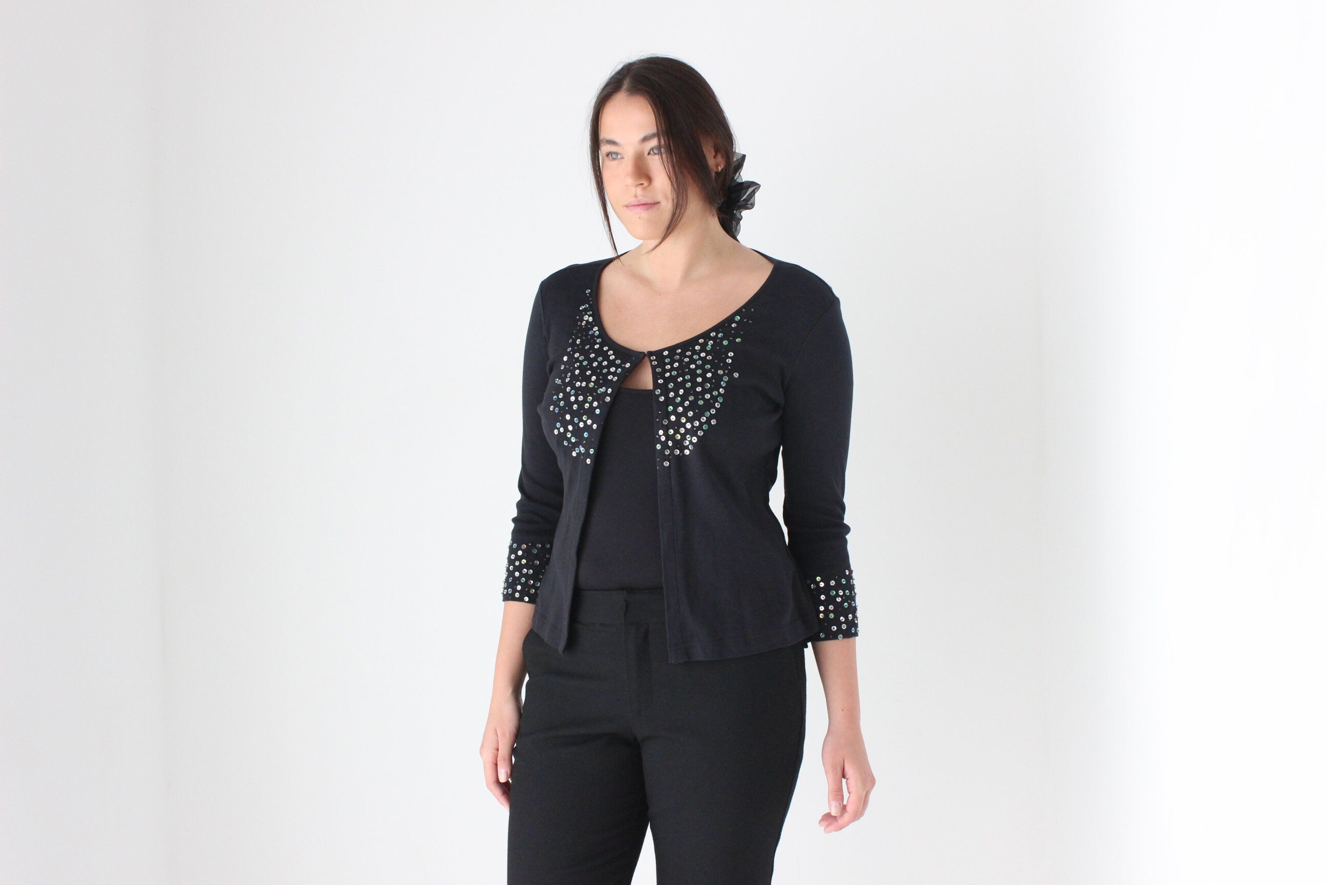 80s Stretch Cotton & Sequin Cardigan Top