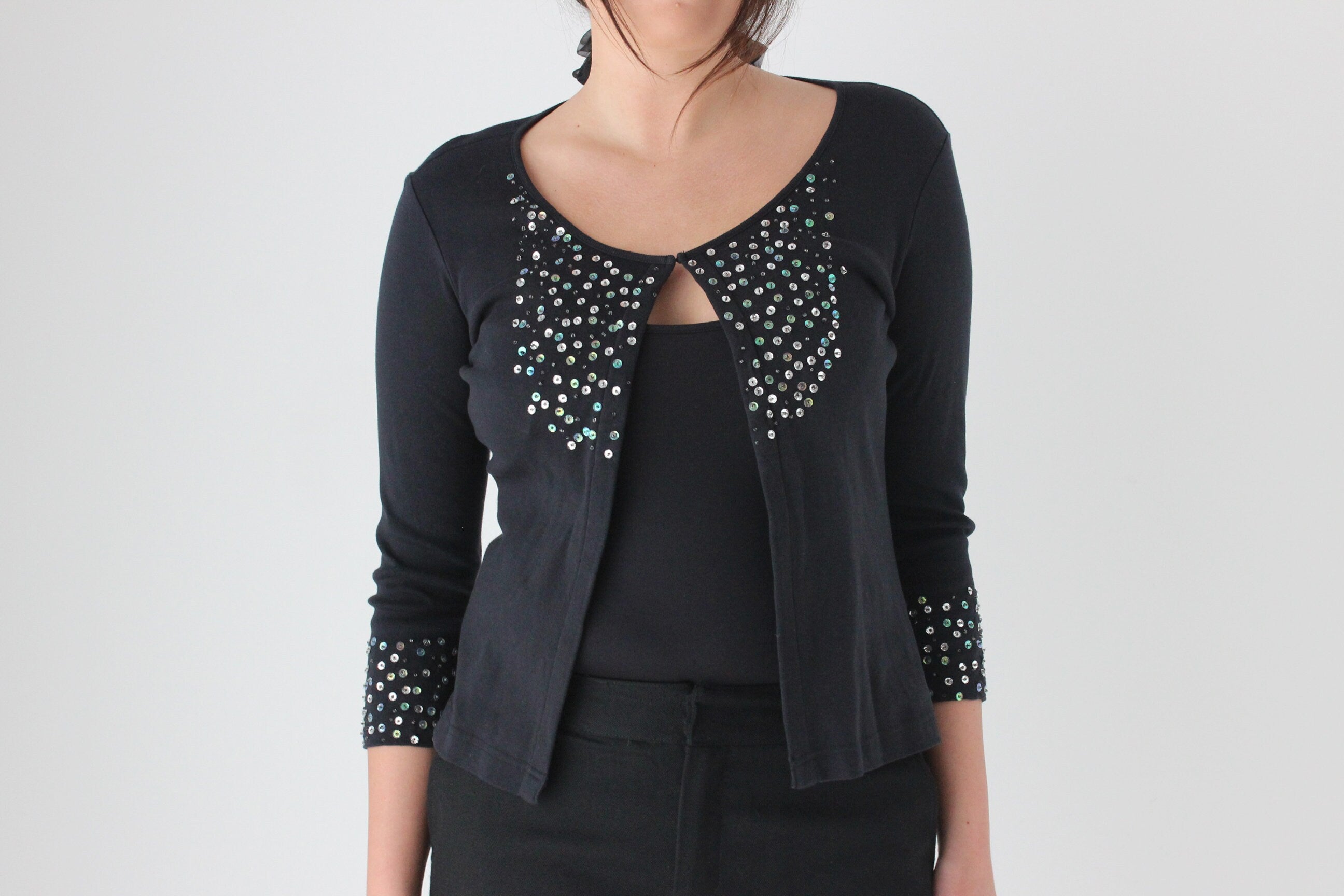 80s Stretch Cotton & Sequin Cardigan Top