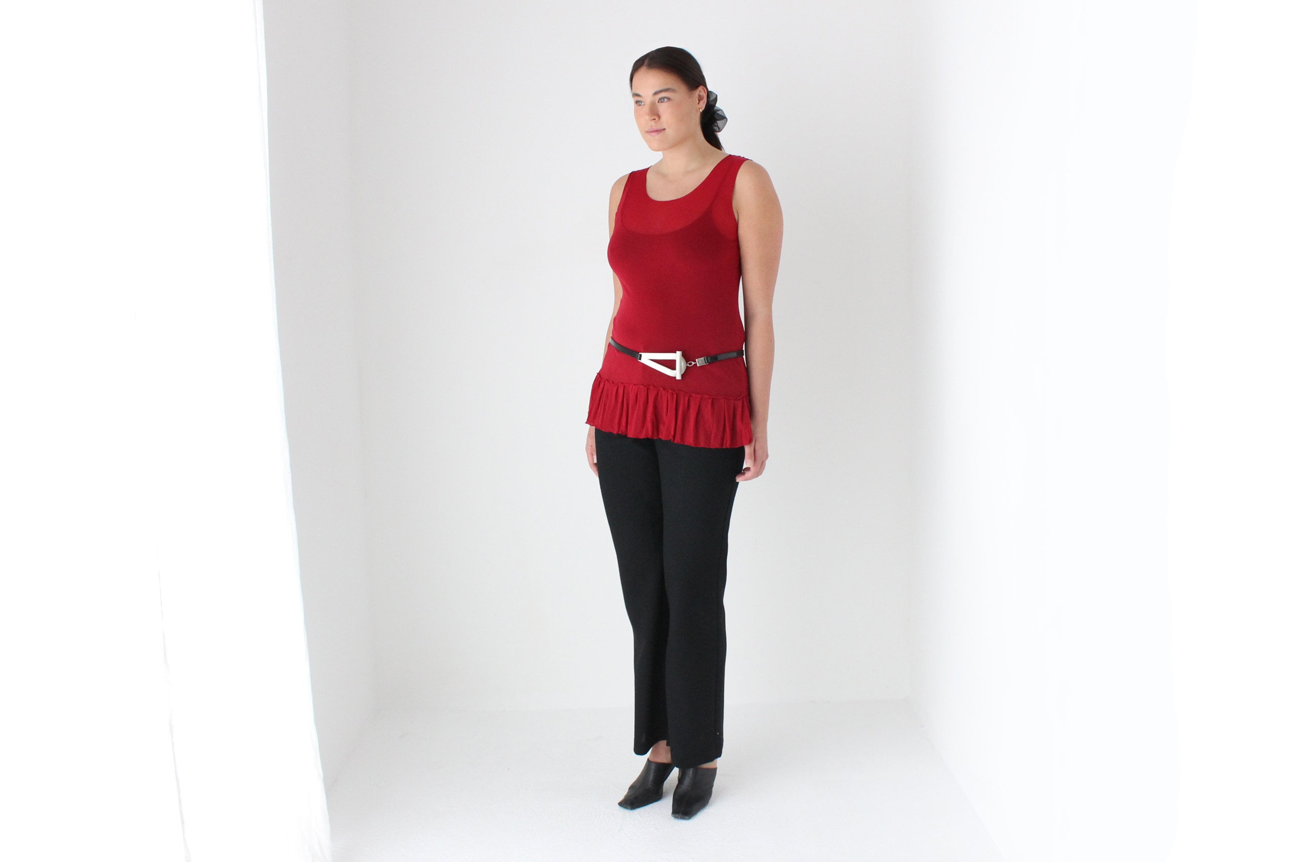 Y2K Funky Red Mesh Scoop Neck Ruffle Top