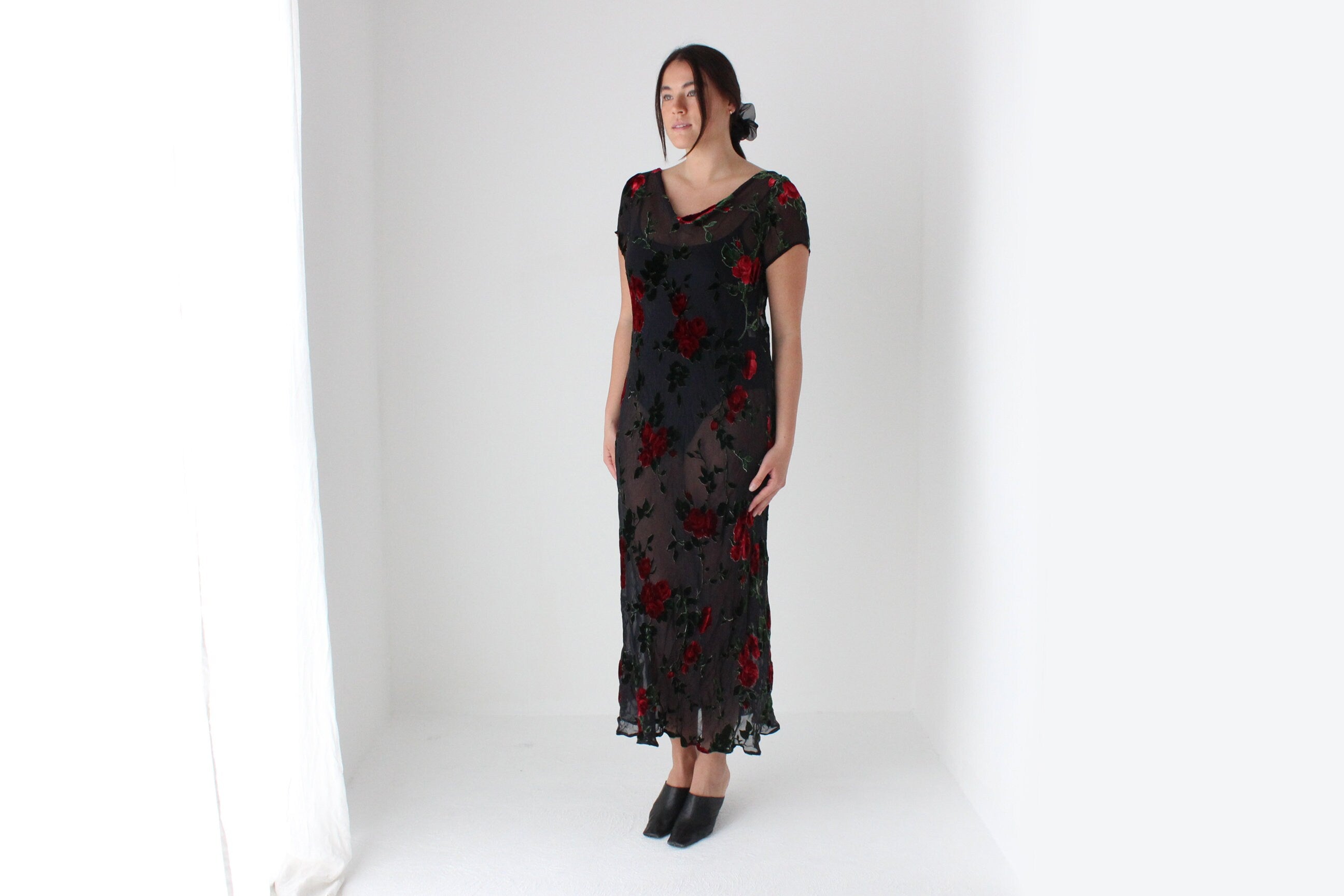 90s Pure Silk Velvet Burnout Red Rose Bias Cowl Neck Dress