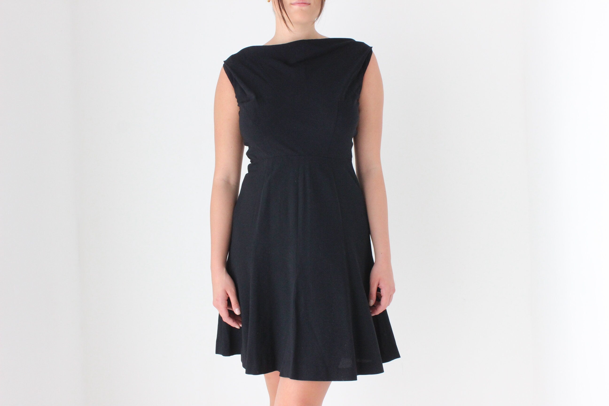 60s Black Crepe Bateau Neckline Simple & Chic LBD