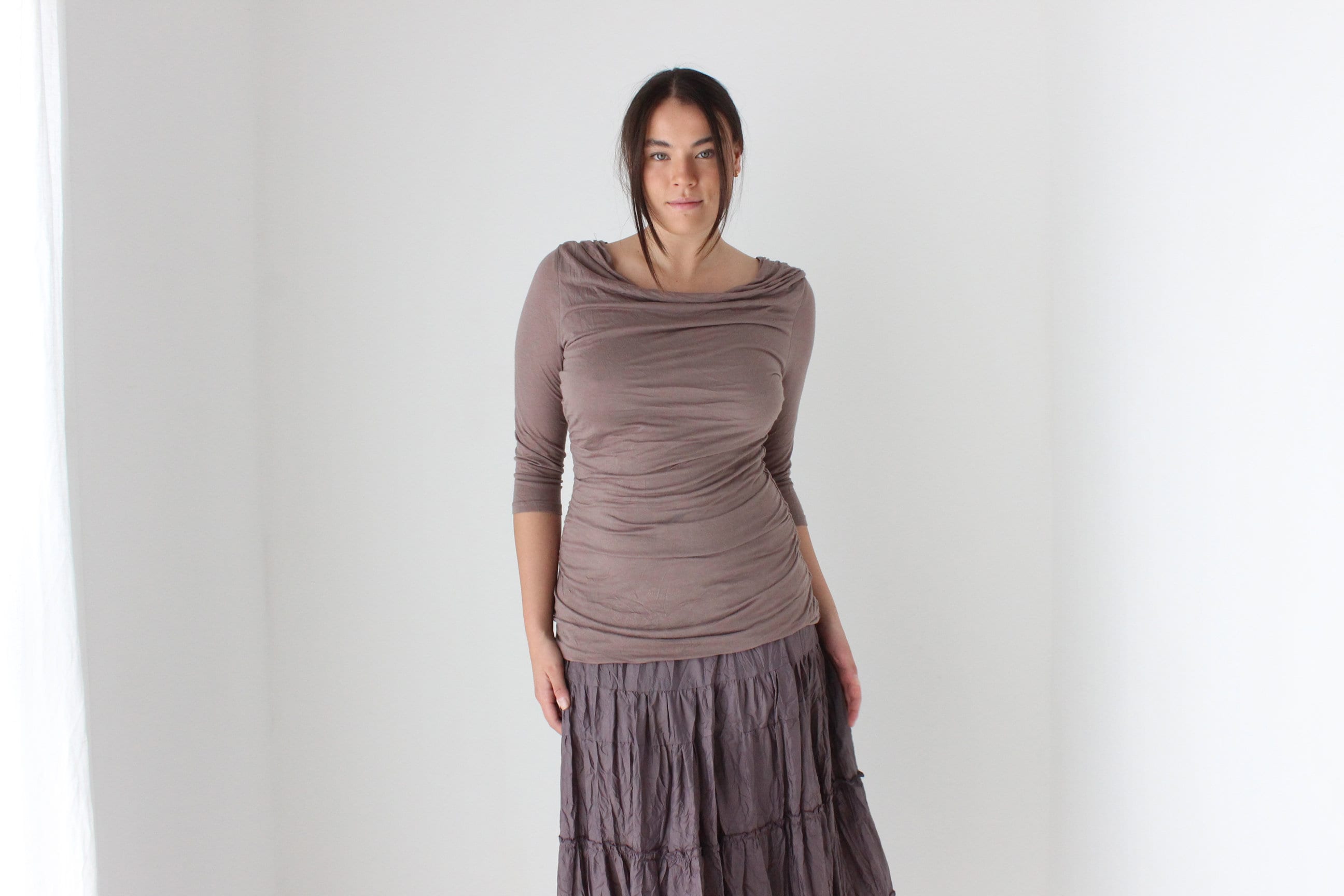 Y2K Slinky Jersey Draped & Gathered Neutral Mauve Top