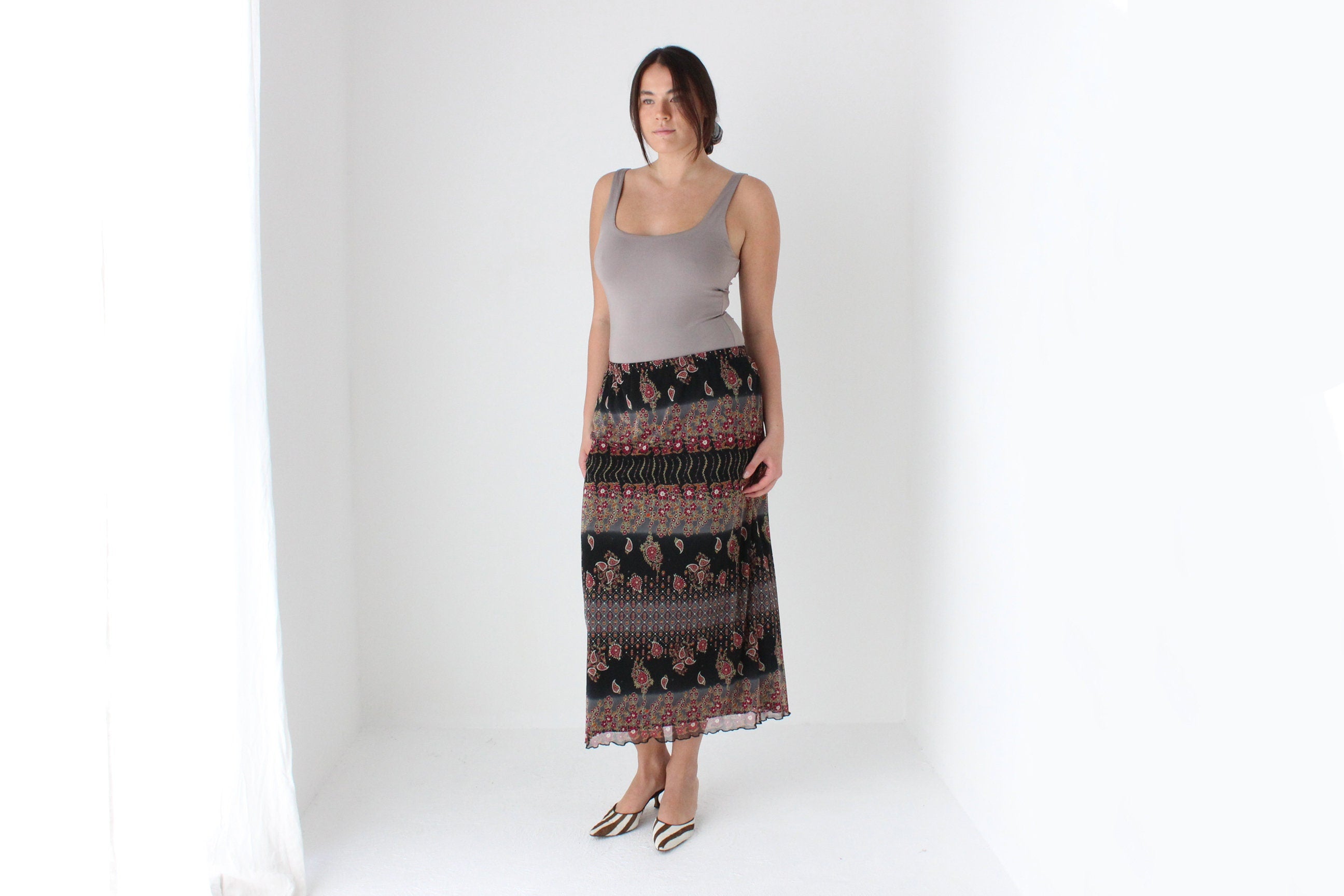 90s Printed Paisley Mesh Slip On Skirt
